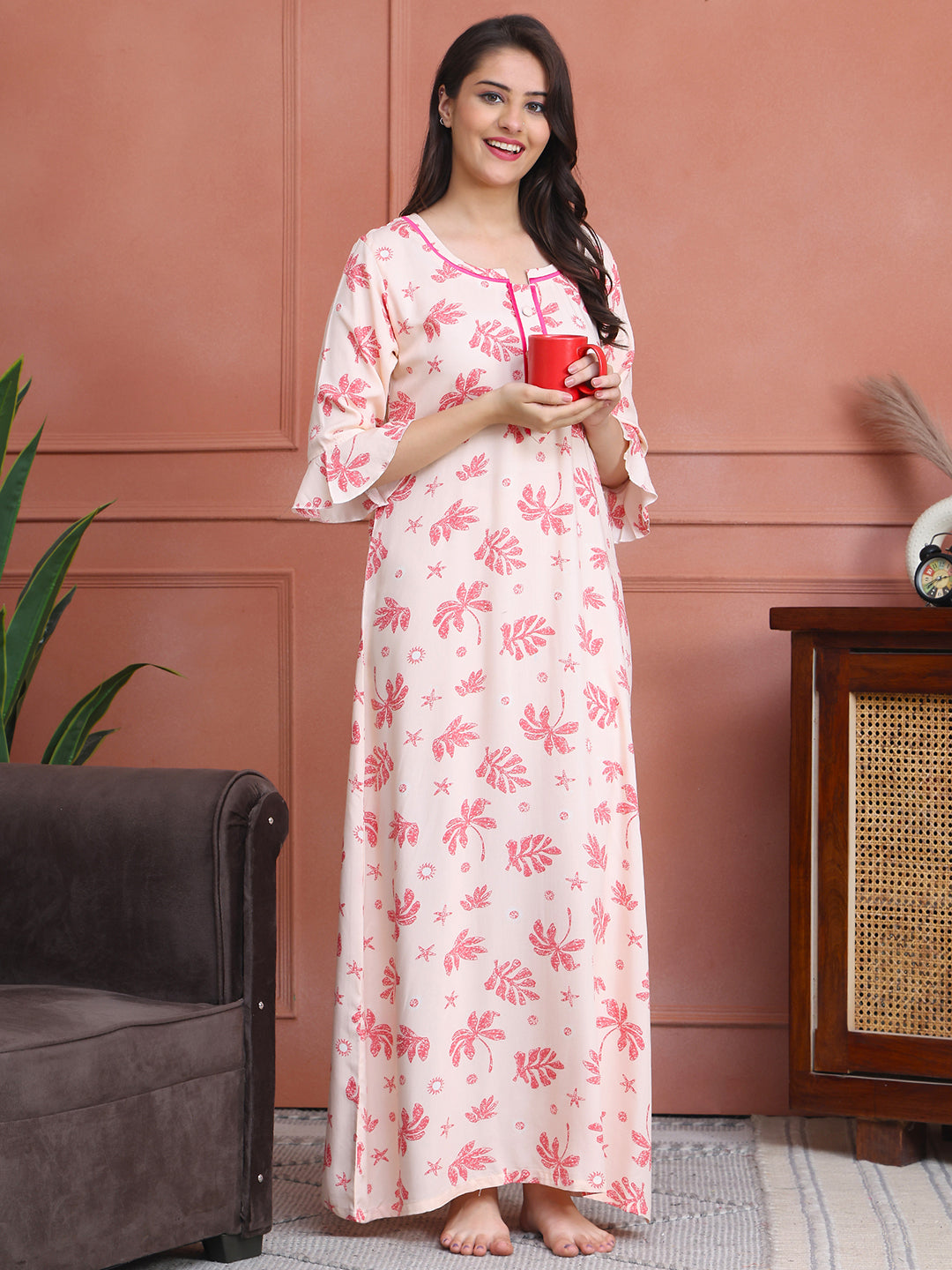 Pink Colour Abstract Printed Viscose Rayon Nighty For Women
