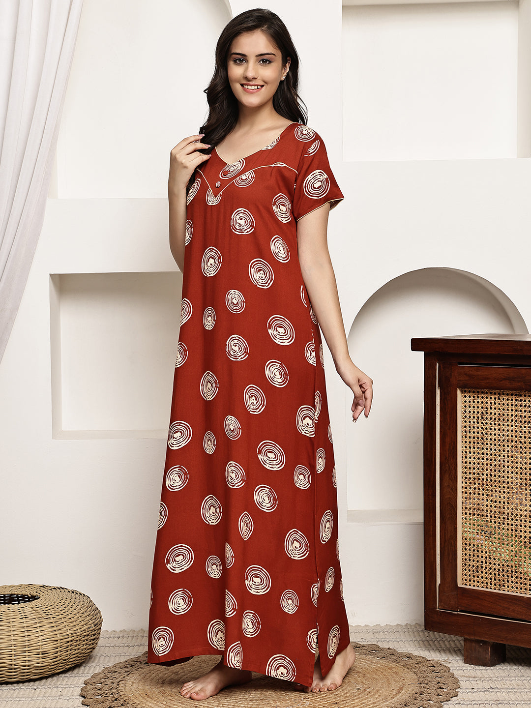 Rust Colour Geometric Printed Viscose Rayon Nighty For Women