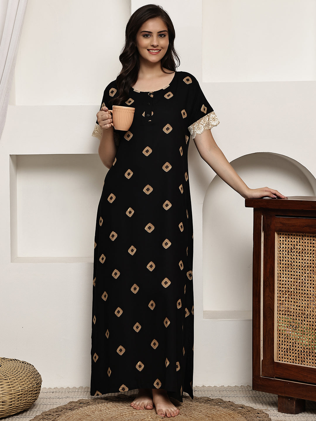 Black Colour Abstract Printed Viscose Rayon Nighty For Women | Claura