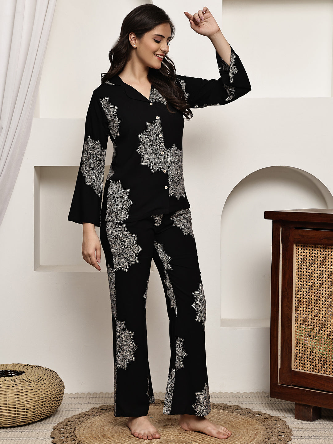 Black Night Suit for Women with half sleeves and abstract print