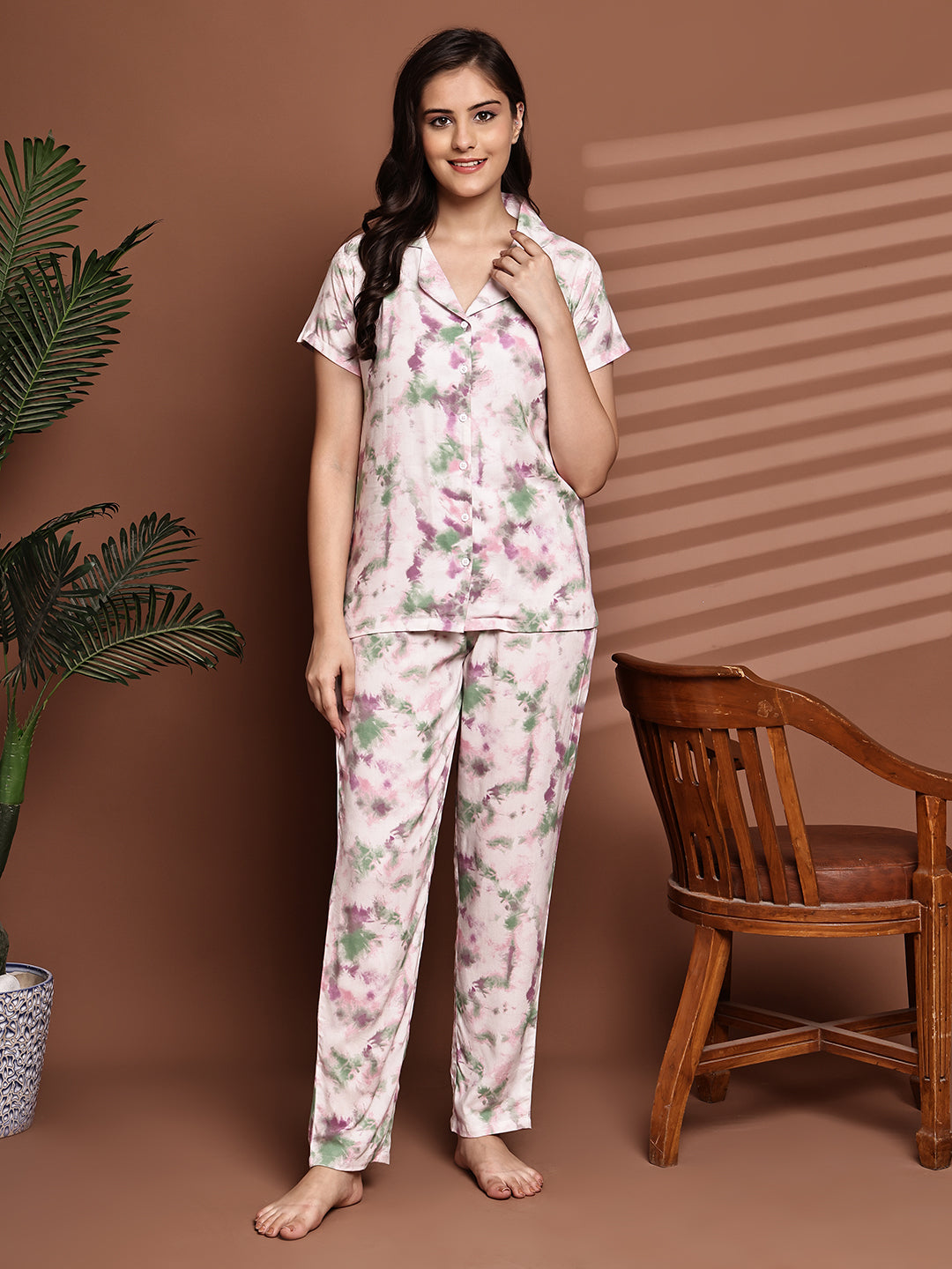Woman wearing Pink Graphic Print Night Suit