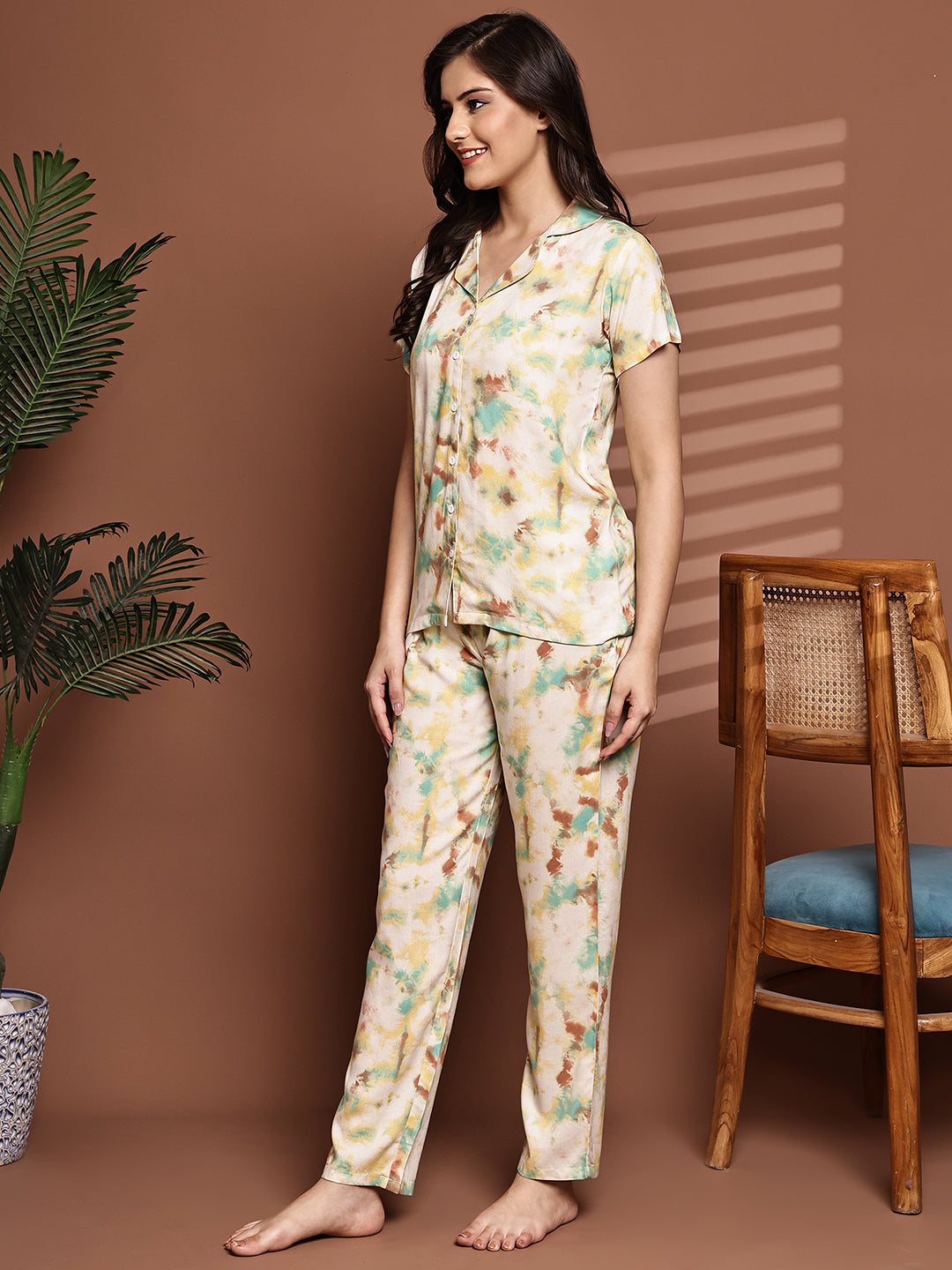 Back view of model in Yellow Printed Night Suit