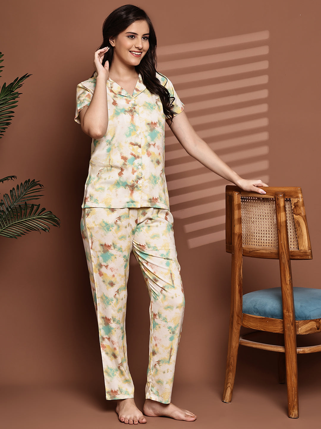 Yellow Night Suit with shirt collar and short sleeves