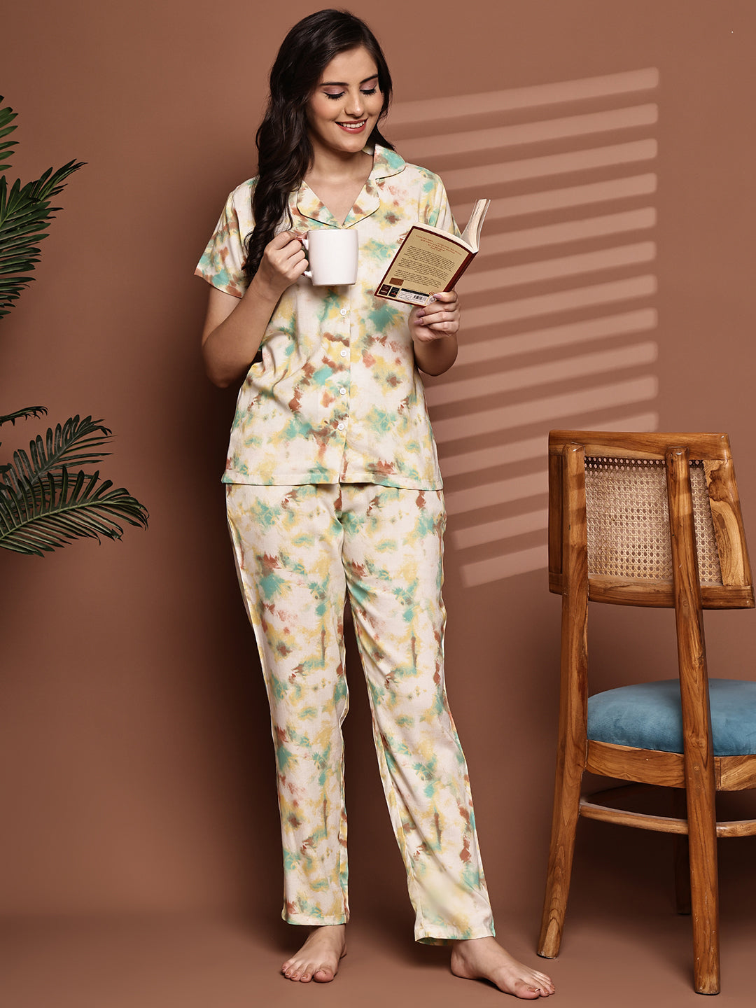 Yellow Night Suit with shirt collar and short sleeves