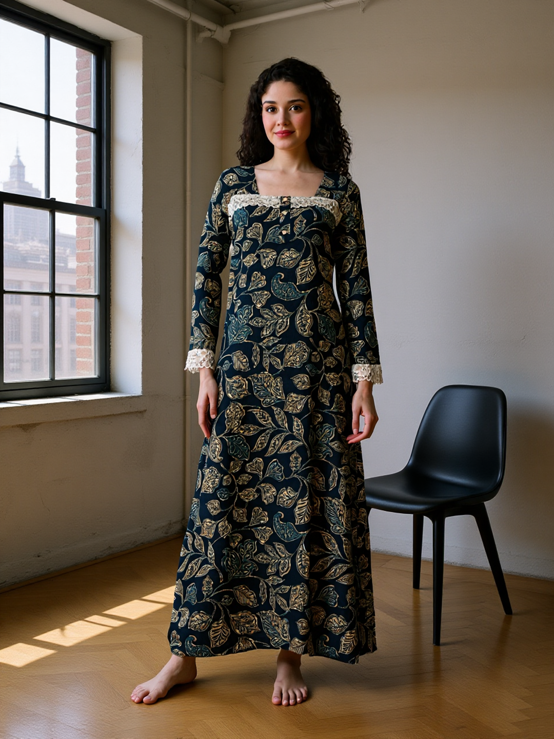 Comfortable Navy Abstract Printed Viscose Rayon Nighty | Claura