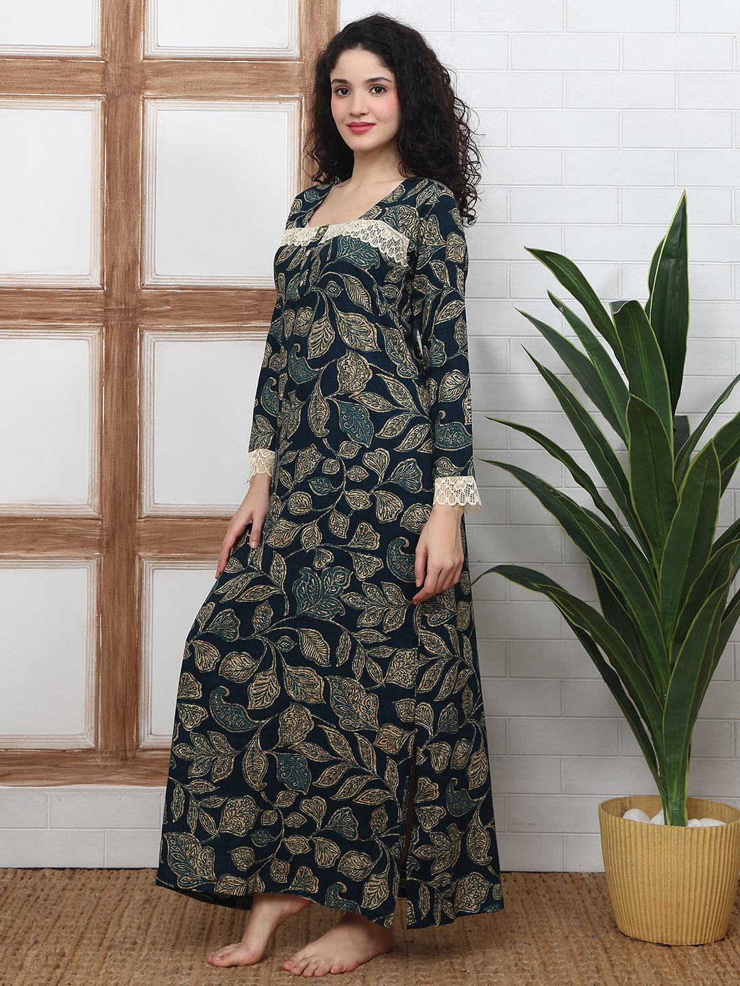 Navy Abstract Printed Viscose Rayon Nighty For Women | Claura