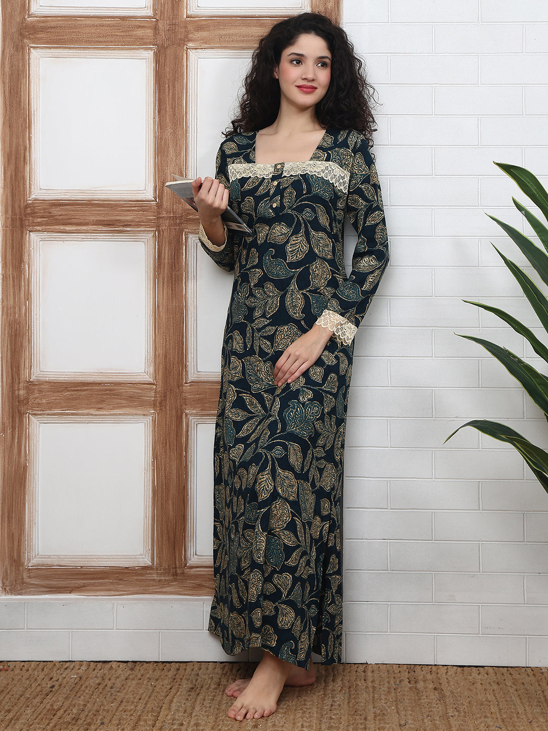 Navy Abstract Printed Viscose Rayon Nighty For Women | Claura