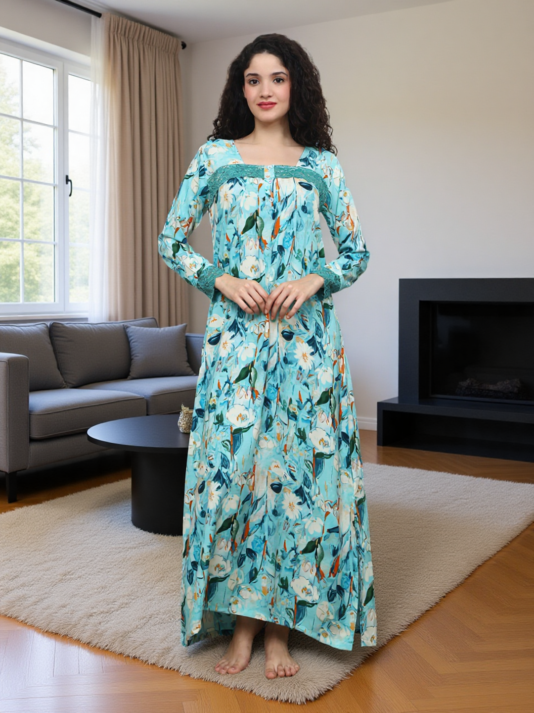 Blue Floral Printed Viscose Rayon Nighty For Women | Claura