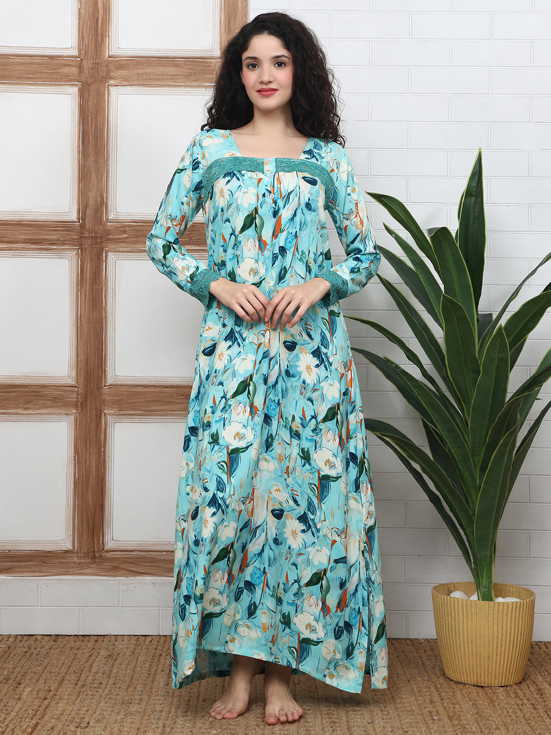 Blue Floral Printed Viscose Rayon Nighty For Women | Claura