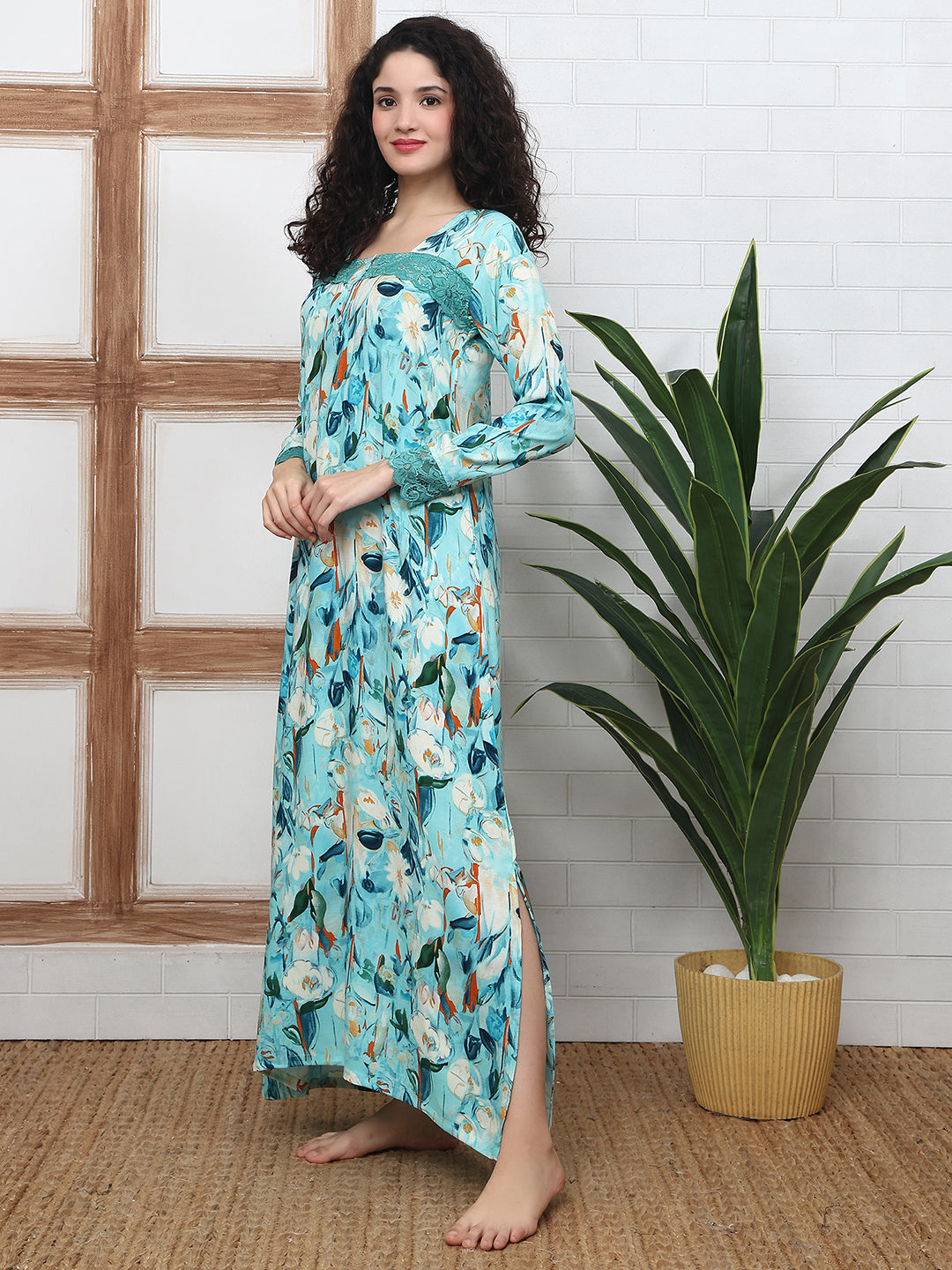 Blue Floral Printed Viscose Rayon Nighty For Women | Claura