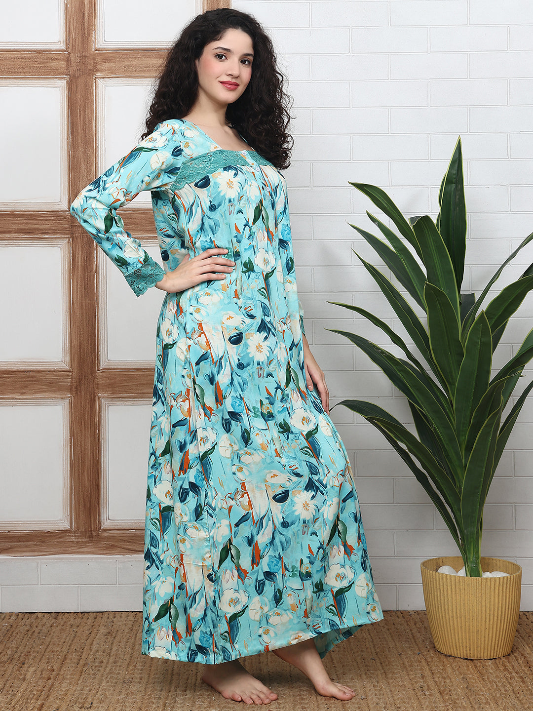 Blue Floral Printed Viscose Rayon Nighty For Women | Claura