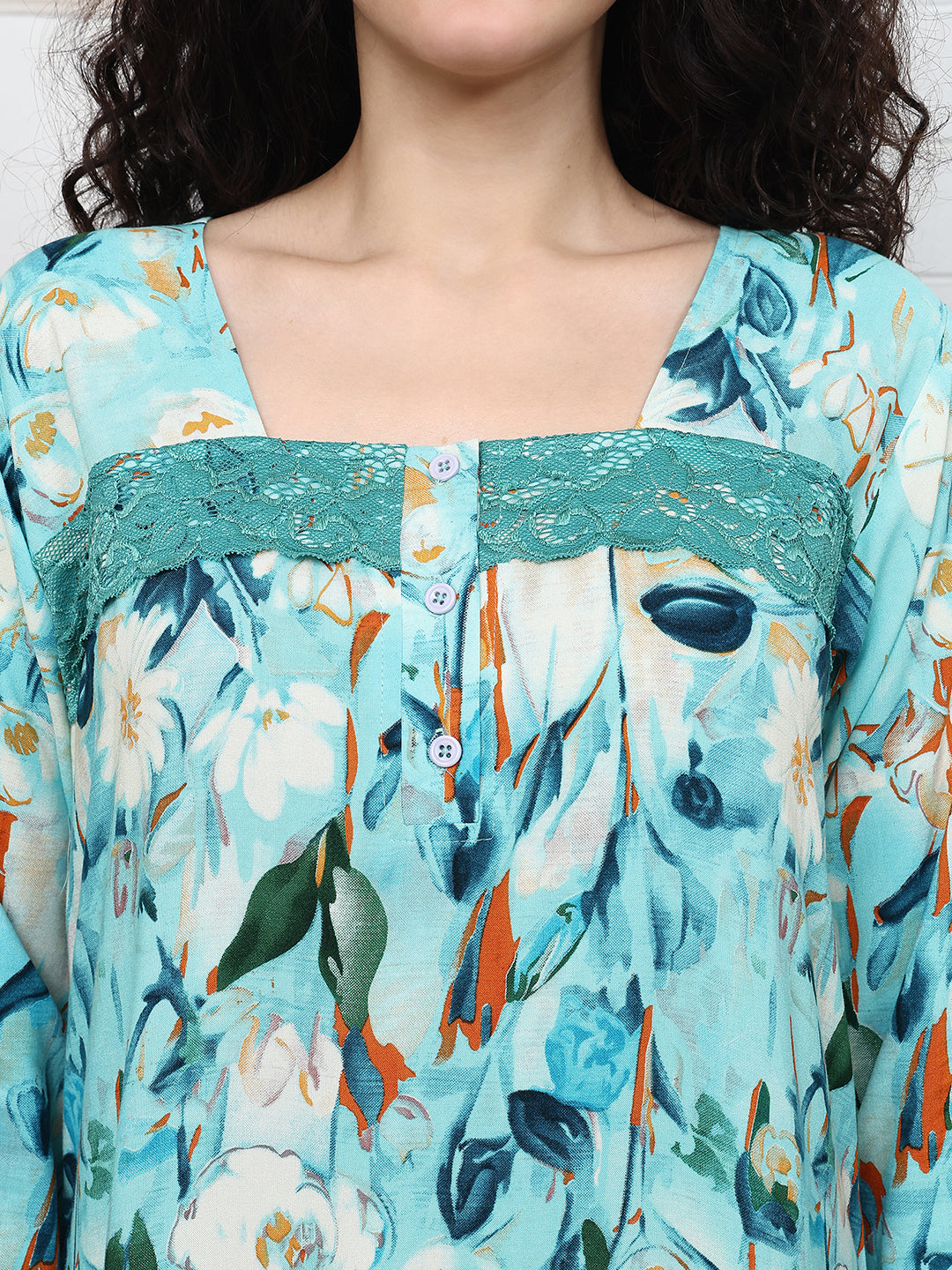 Blue Floral Printed Viscose Rayon Nighty For Women | Claura