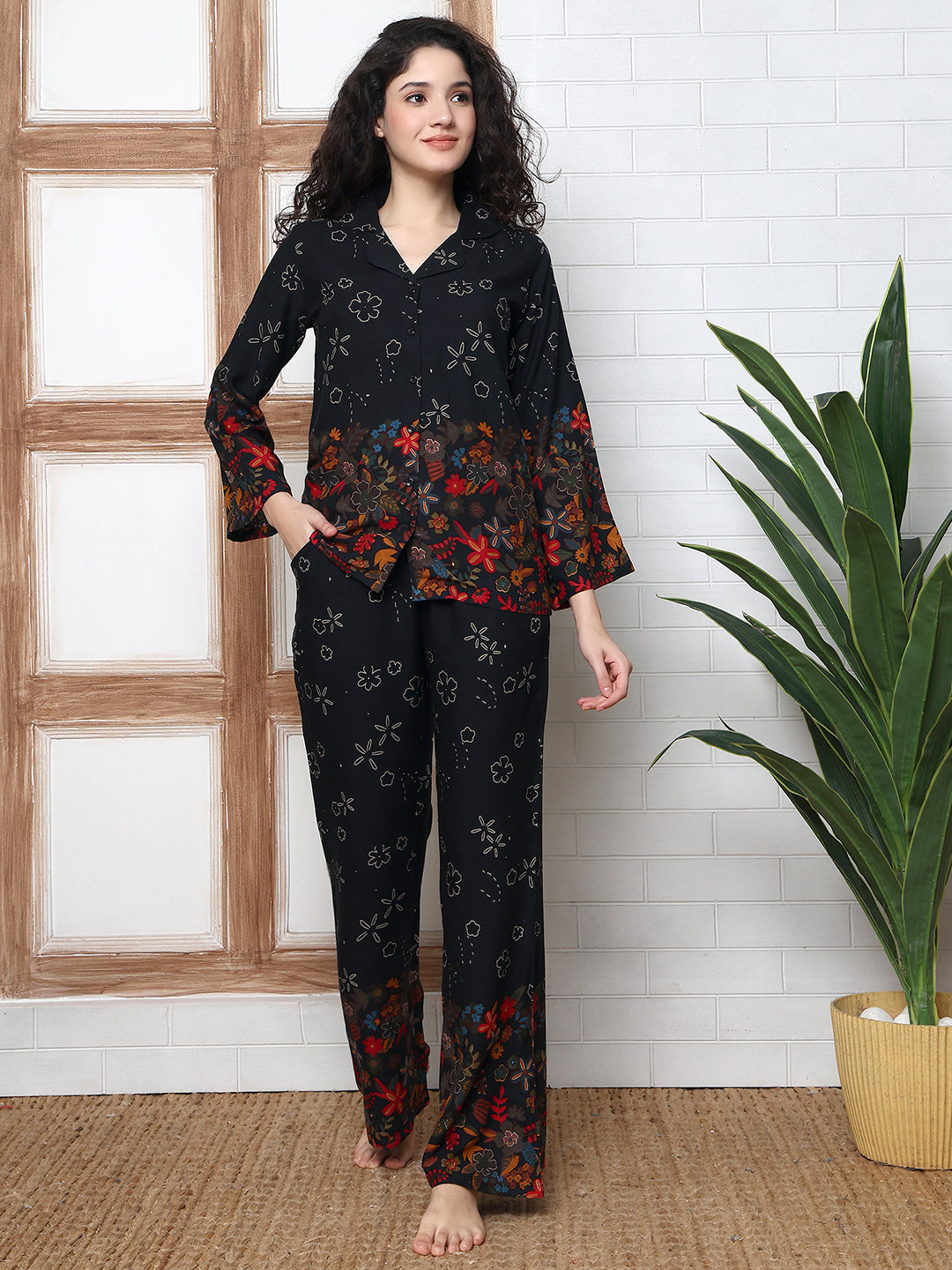 Black Rayon Night Suit with half sleeves and floral print