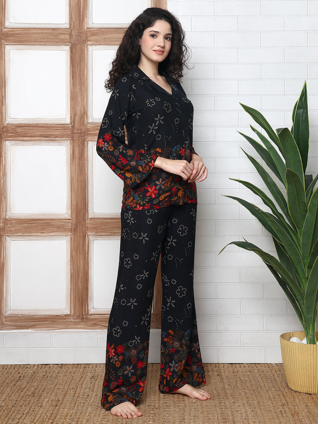 Black Color Viscose Rayon Floral Printed Night Suit for Women | Claura
