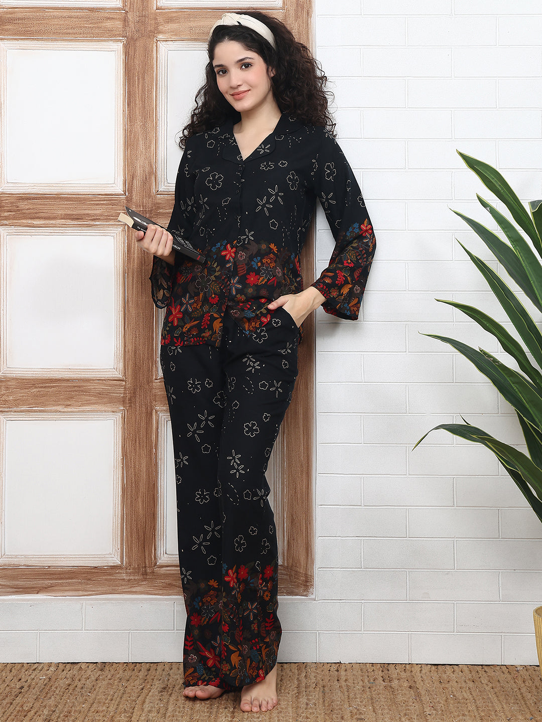 Black Color Viscose Rayon Floral Printed Night Suit for Women | Claura