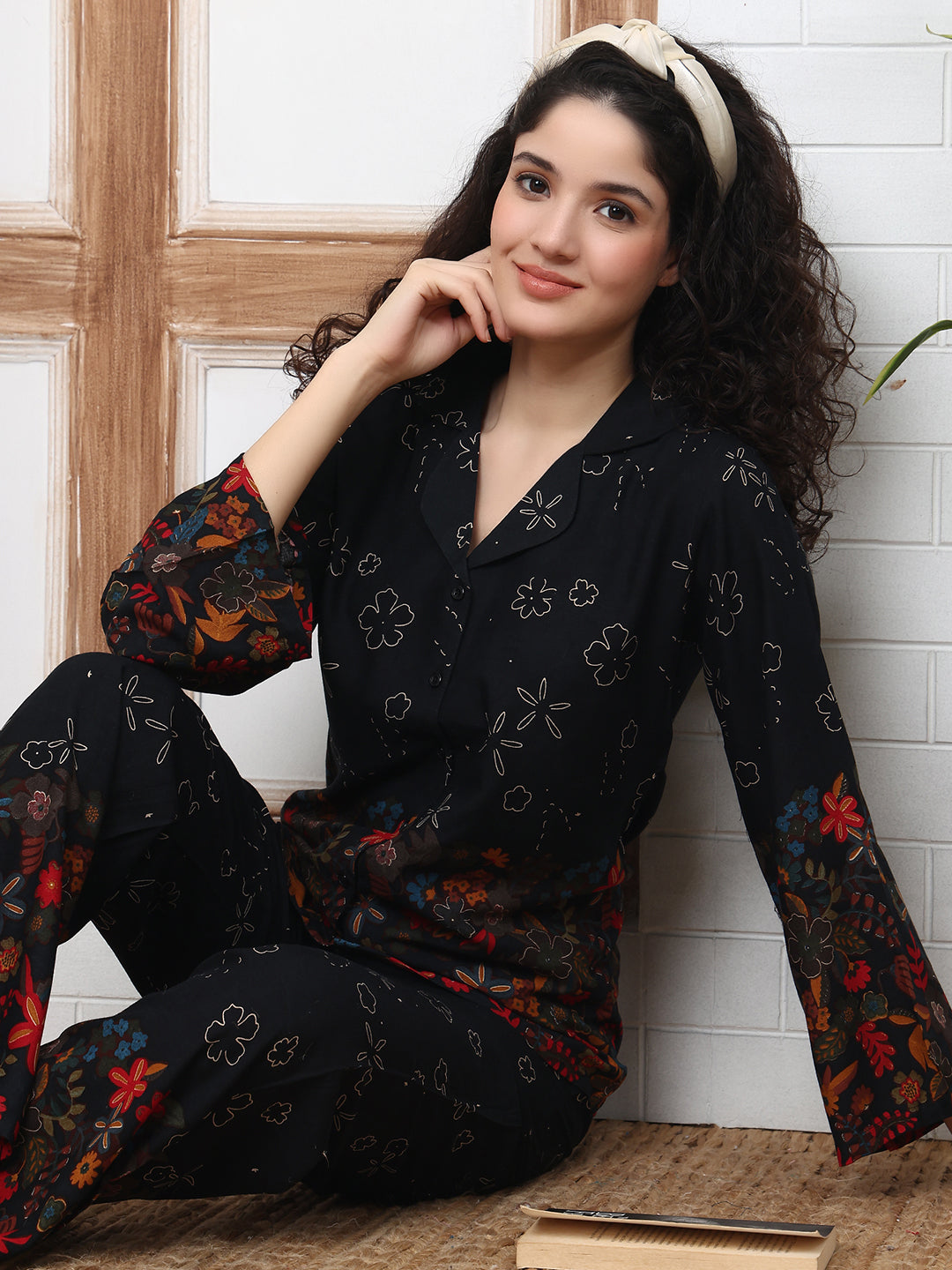 Black Color Viscose Rayon Floral Printed Night Suit for Women | Claura