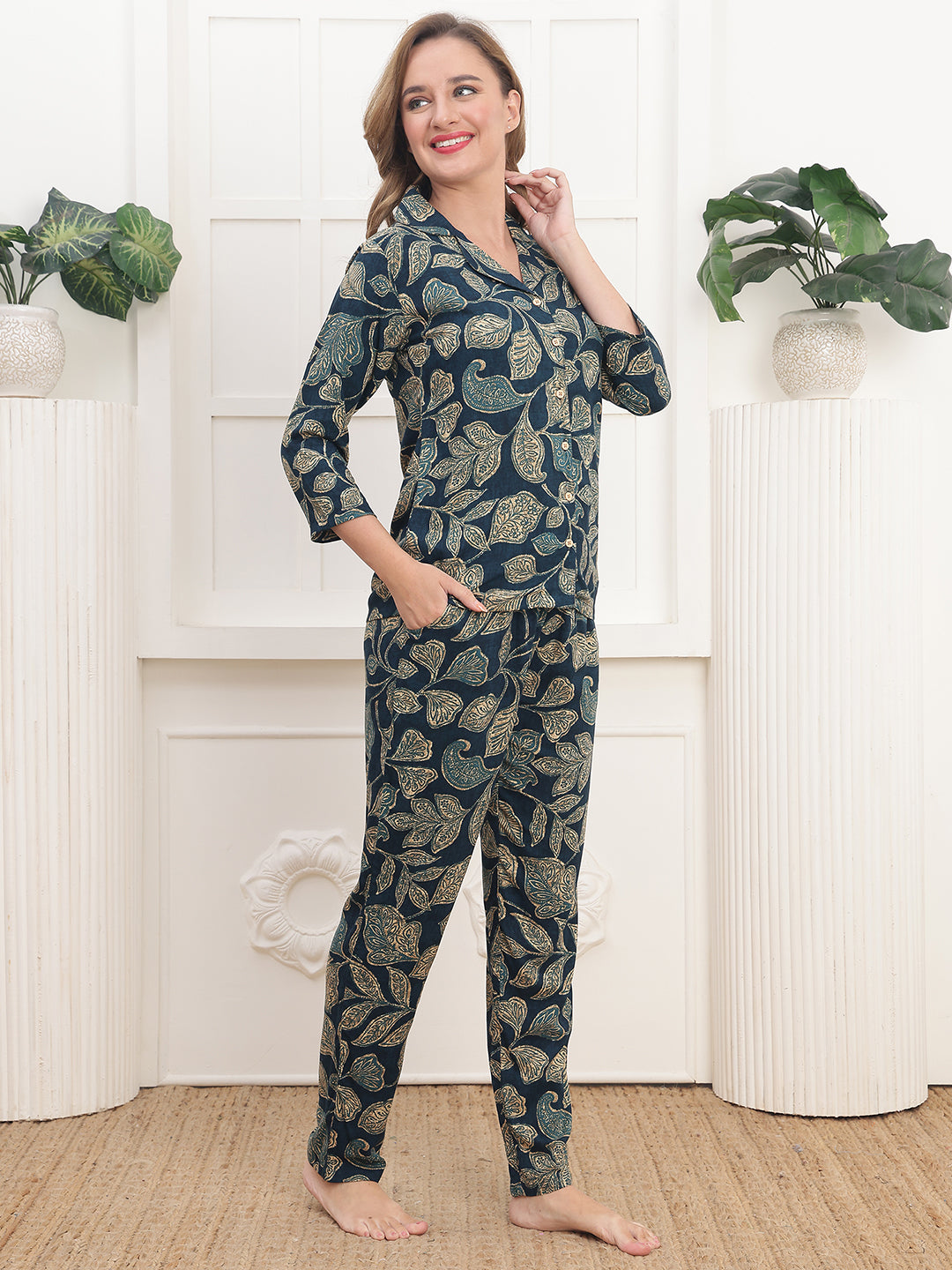 Navy printed night suit with comfortable sleeves and pants