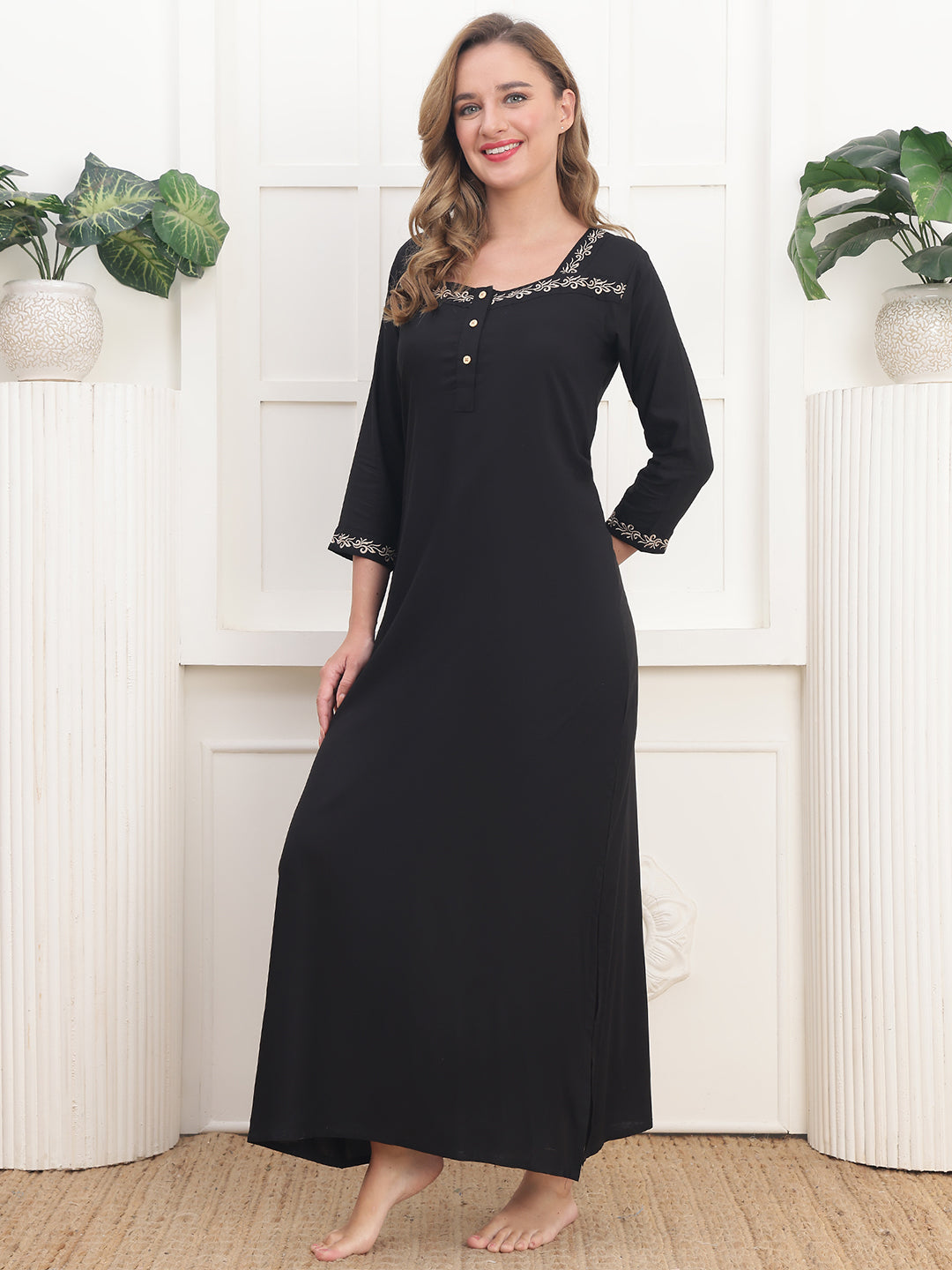 Embroidered Black Viscose Rayon Nighty For Women | Claura