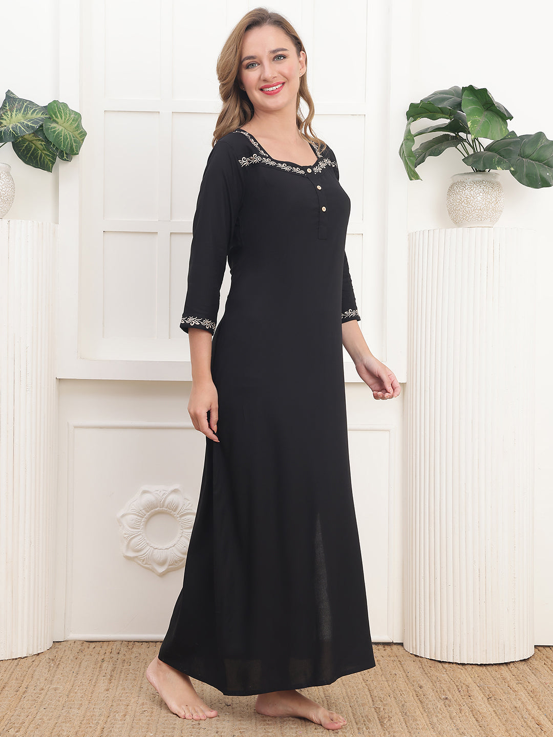 Embroidered Black Viscose Rayon Nighty For Women | Claura