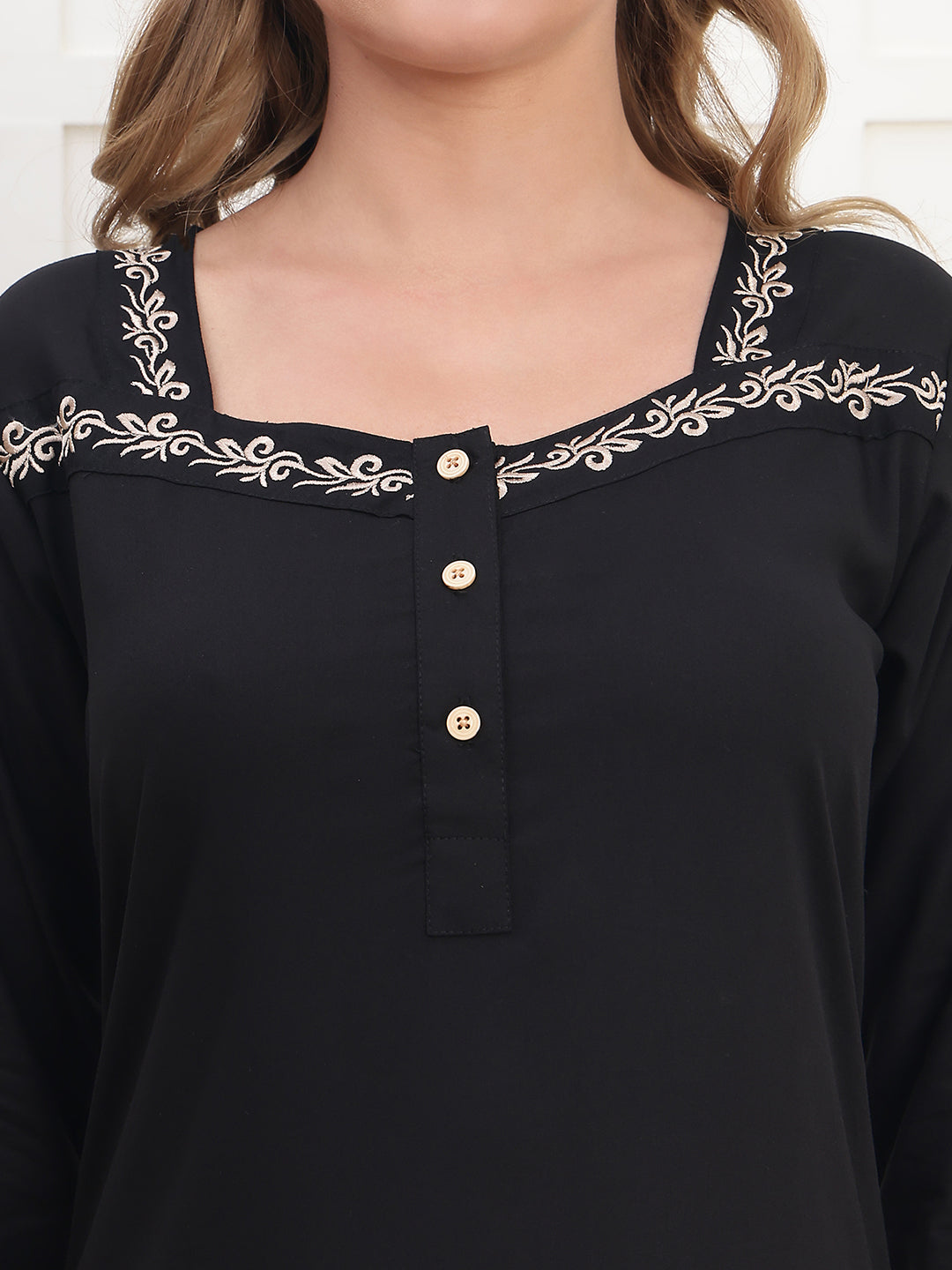 Embroidered Black Viscose Rayon Nighty For Women | Claura
