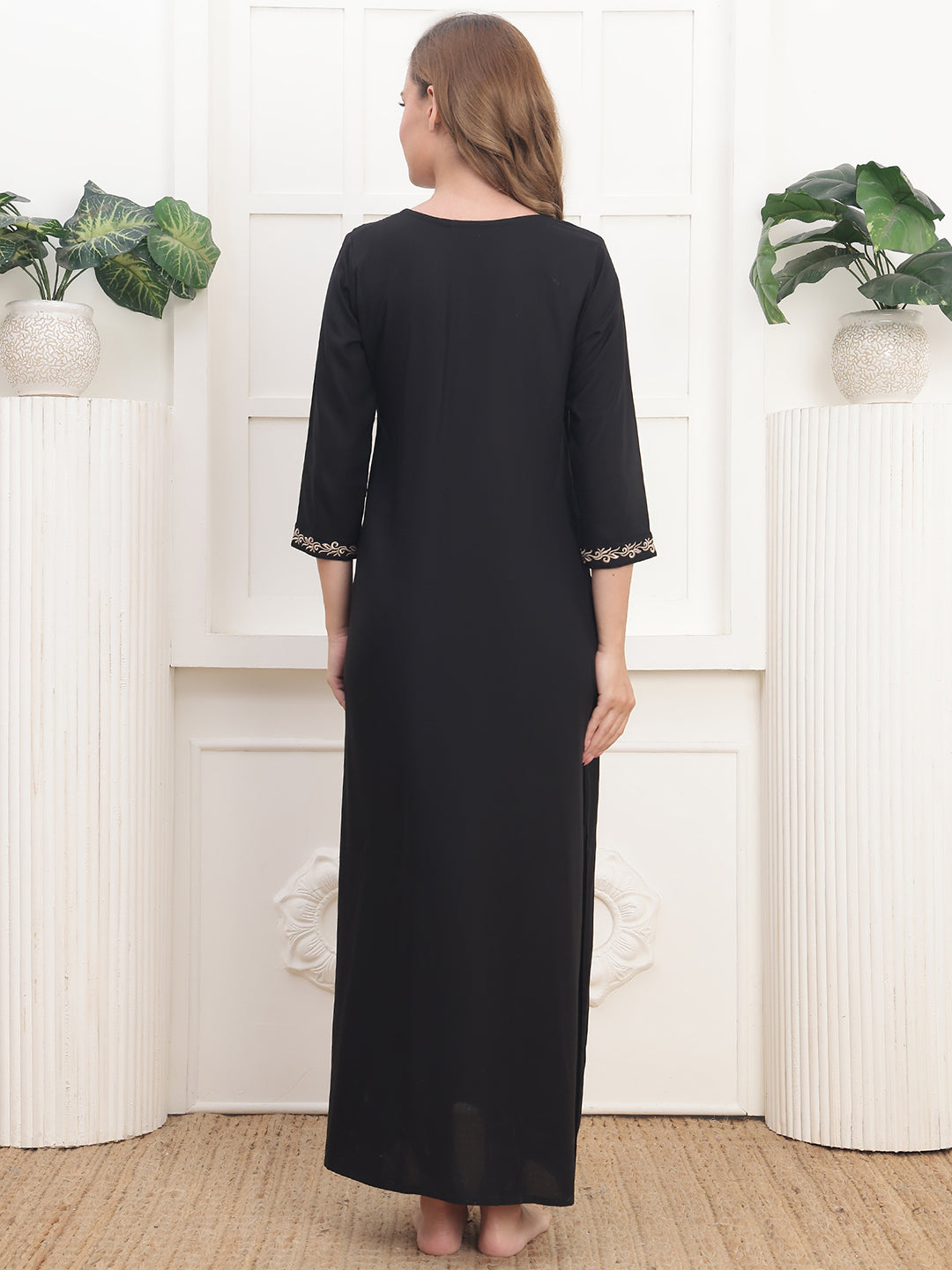 Embroidered Black Viscose Rayon Nighty For Women | Claura