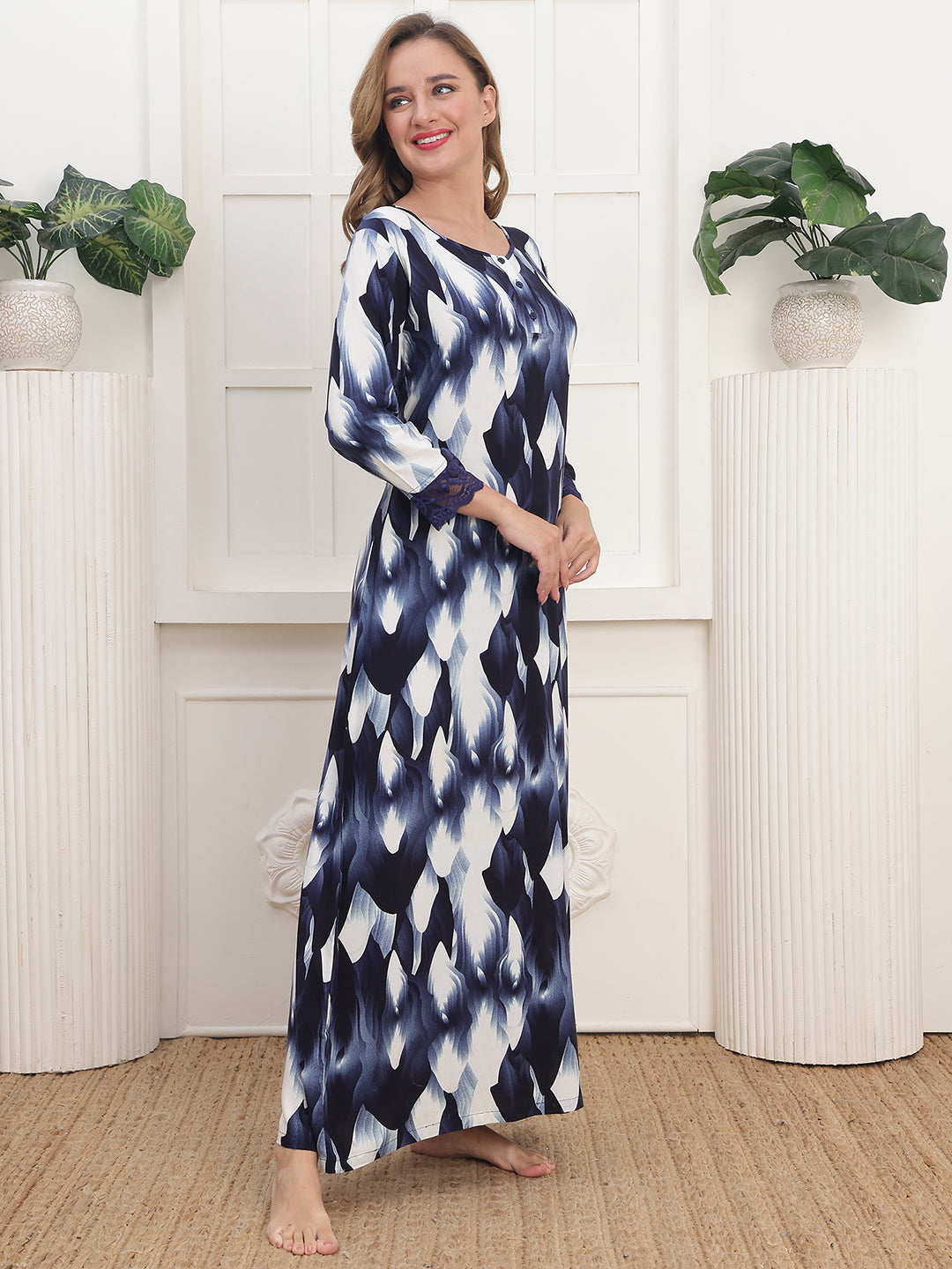 Navy Abstract Printed Viscose Rayon Nighty For Women | Claura