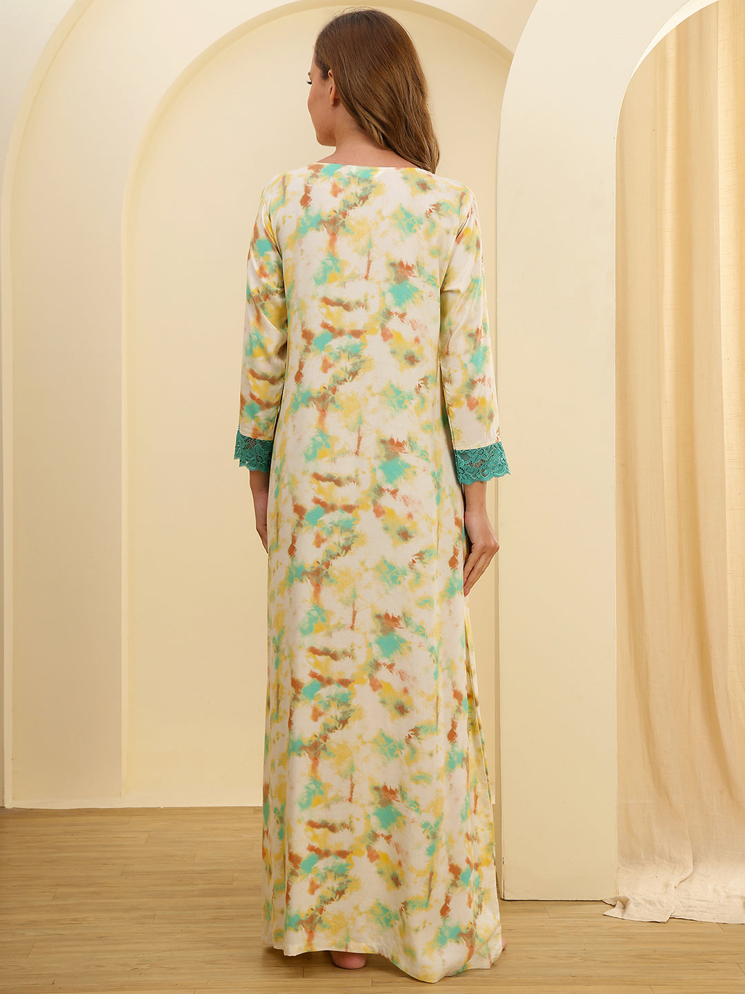 Yellow Colour Floral Printed Viscose Rayon Nighty For Women