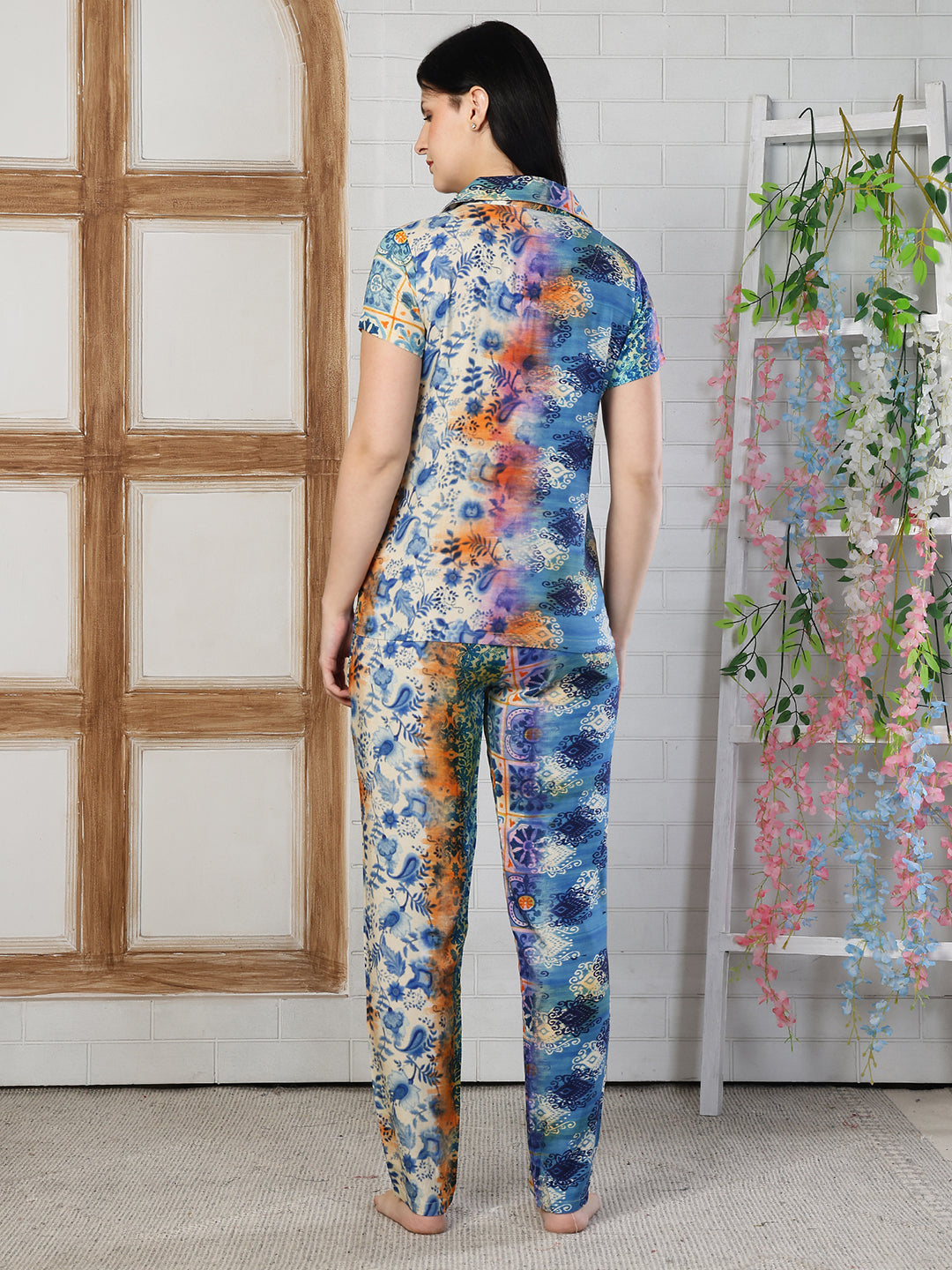 Multi Color Geometric Printed Rayon Night suit for Women | Claura