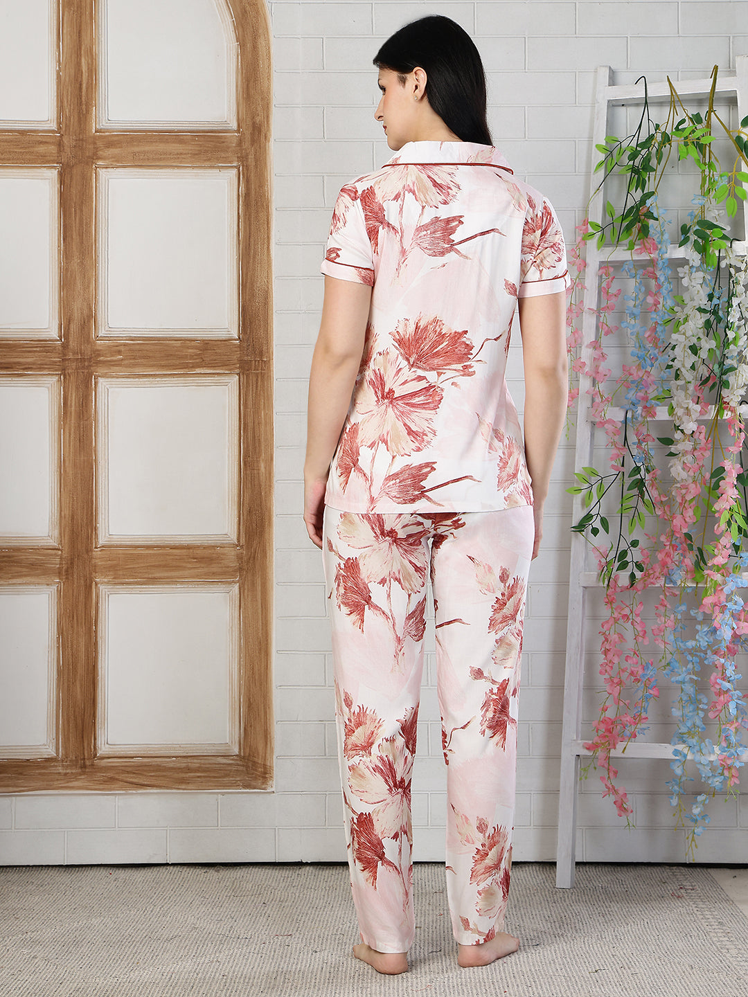 Pink Color Floral Printed Viscose Rayon Night suit for Women | Claura