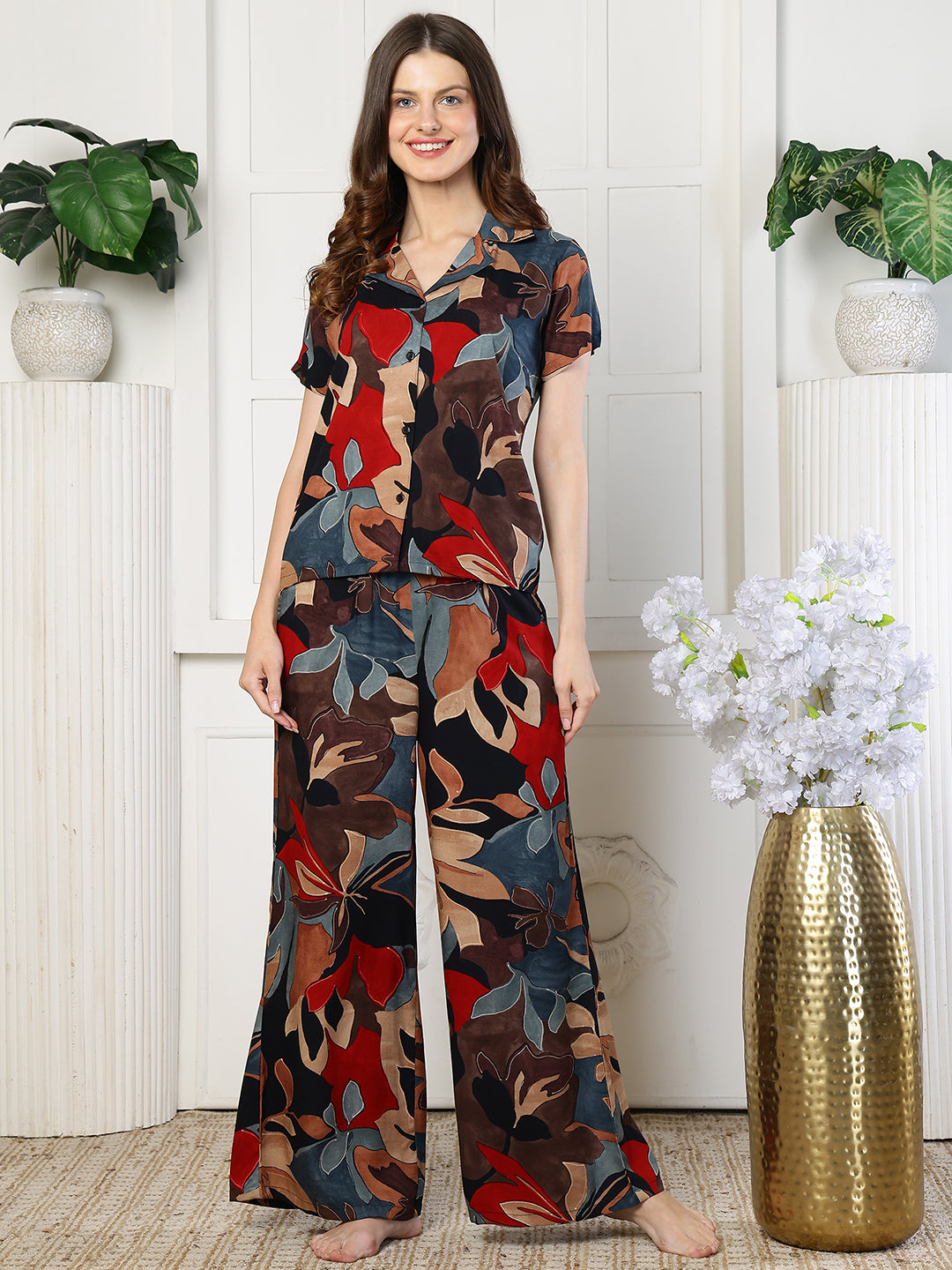 Black Viscose Rayon Abstract Printed Night Suit for Women | Claura