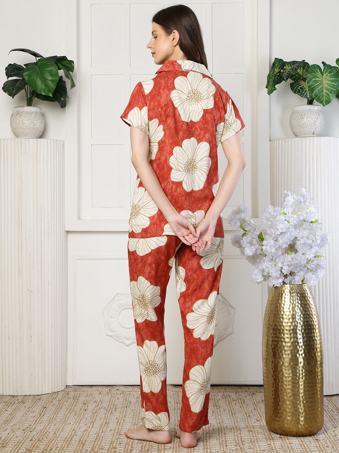 Red night suit for women – rayon floral sleepwear | Claura