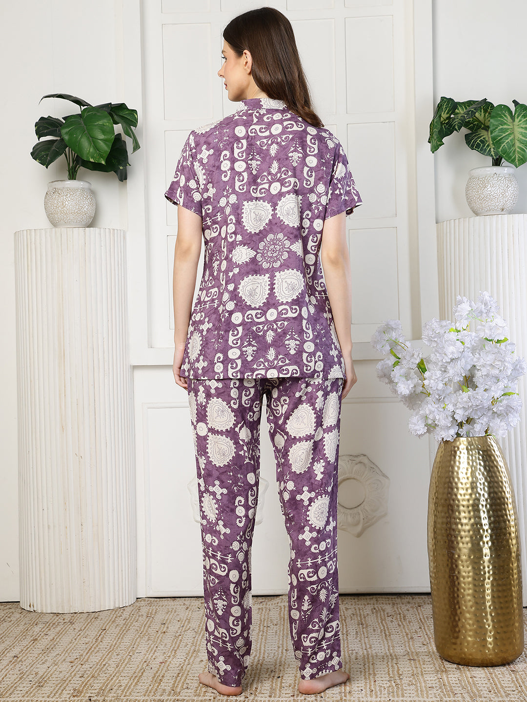 Mauve night suit for women – rayon abstract sleepwear | Claura
