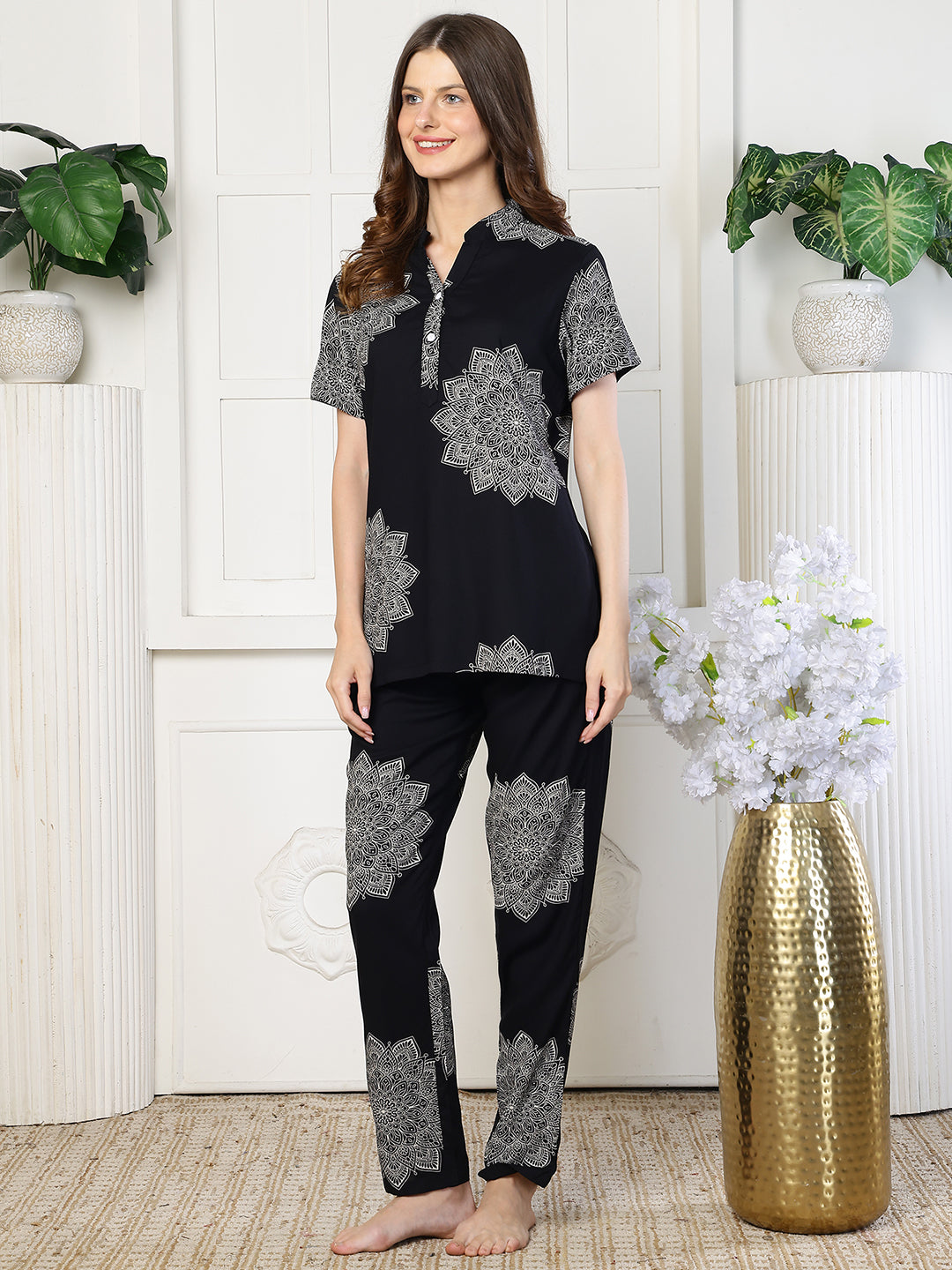 Abstract print night suit for women – black rayon back view | Claura