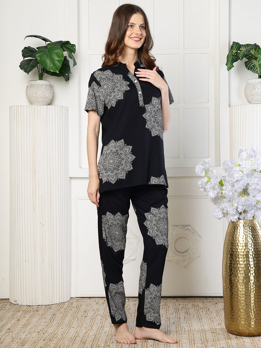 Black rayon night suit for women – abstract lifestyle | Claura