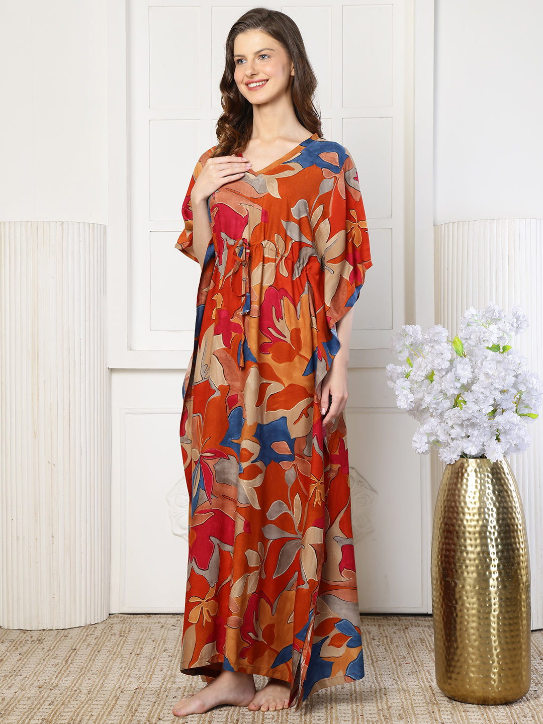 Orange Color Abstract Printed Viscose Rayon Kaftan | Claura