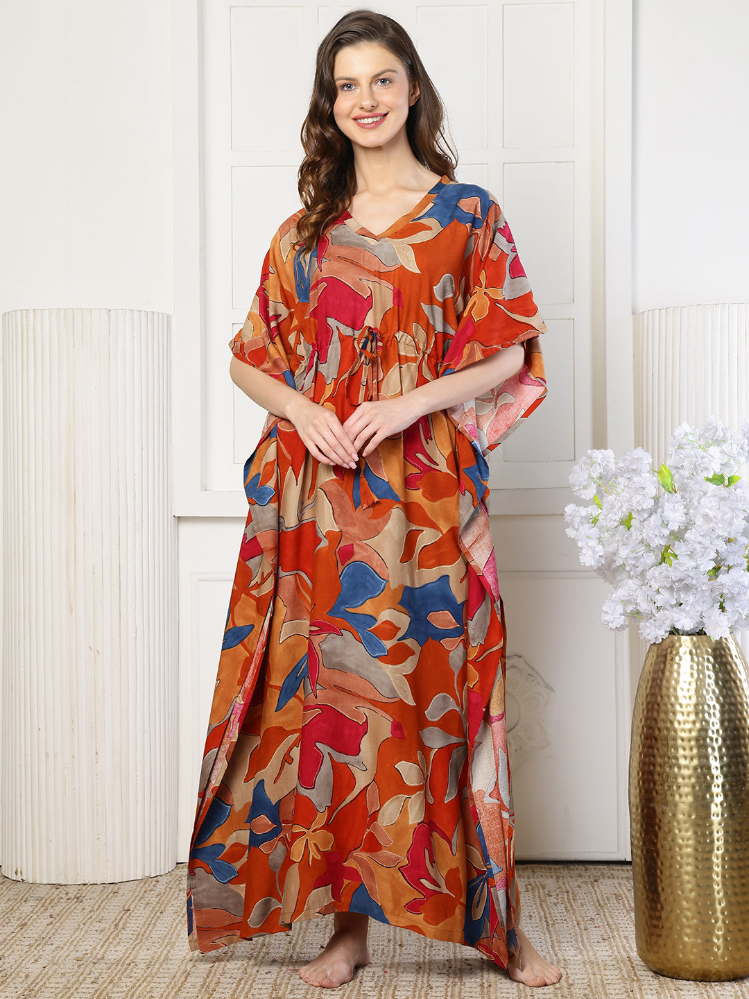 Orange Color Abstract Printed Viscose Rayon Kaftan | Claura
