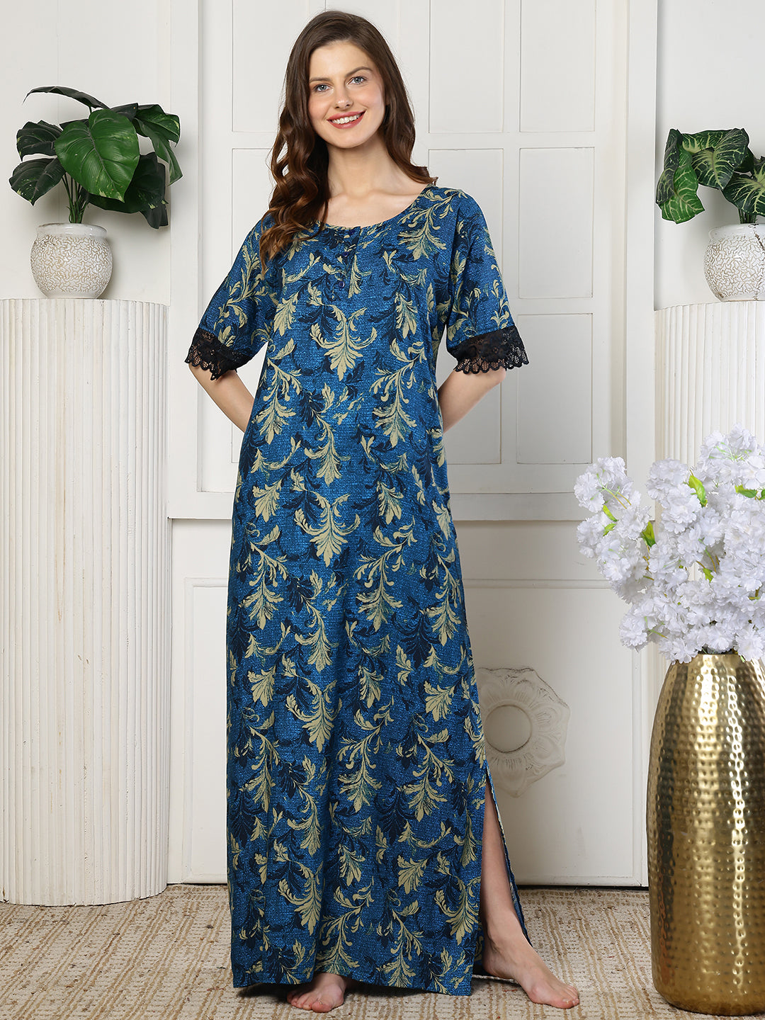 Blue Color Abstract Printed Viscose Rayon Nighty | Claura