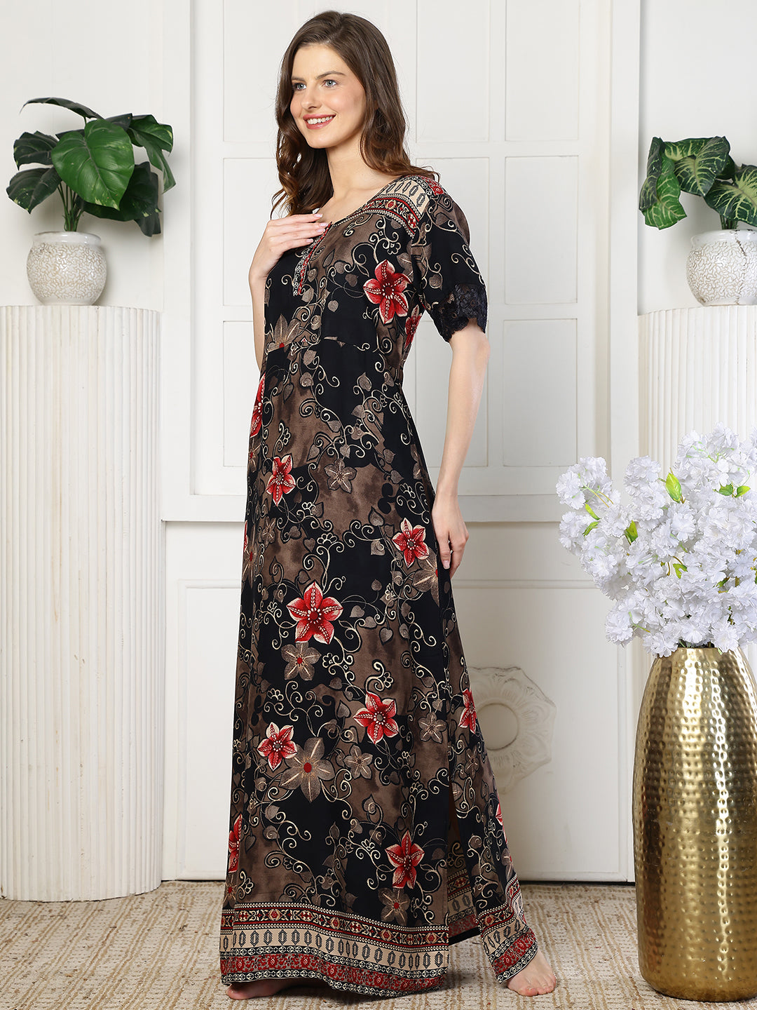 Black Color Floral Printed Viscose Rayon Nighty | Claura