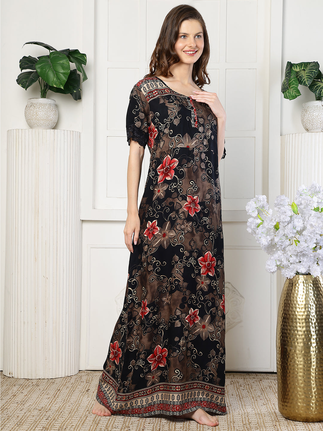 Black Color Floral Printed Viscose Rayon Nighty | Claura