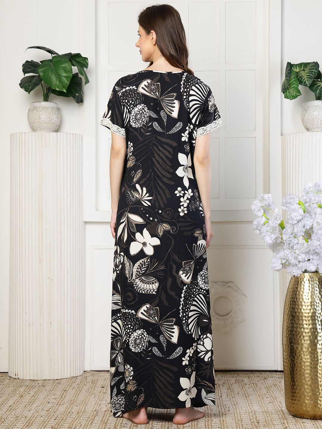 Black Color Floral Printed Viscose Rayon Nighty | Claura