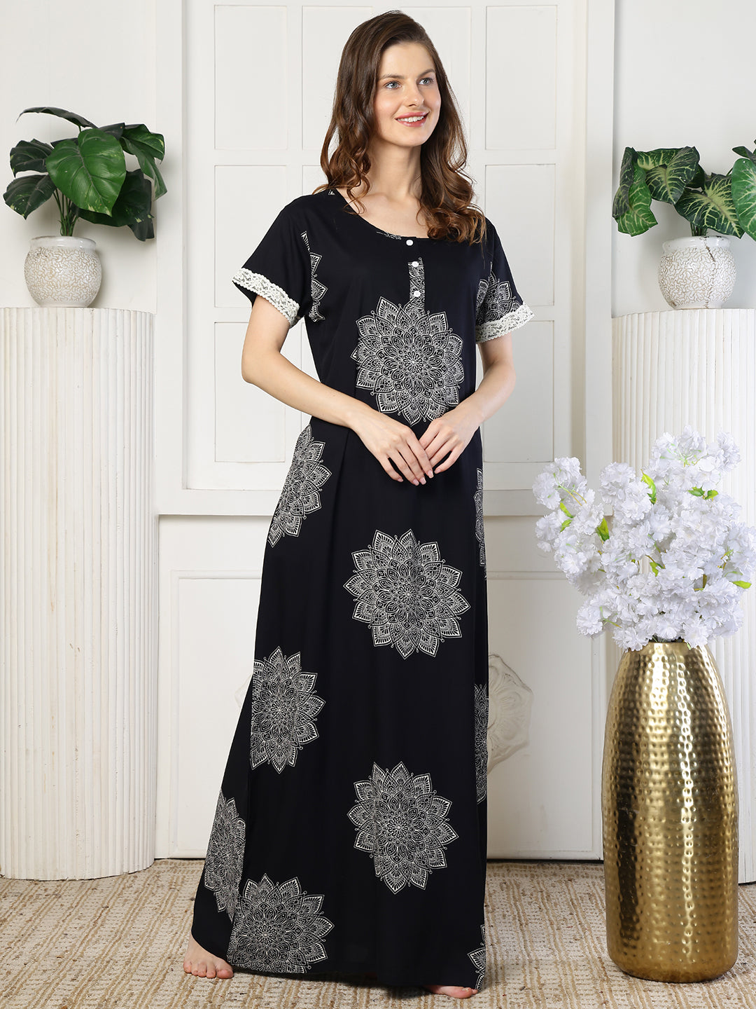 Black Color Abstract Printed Viscose Rayon Nighty | Claura