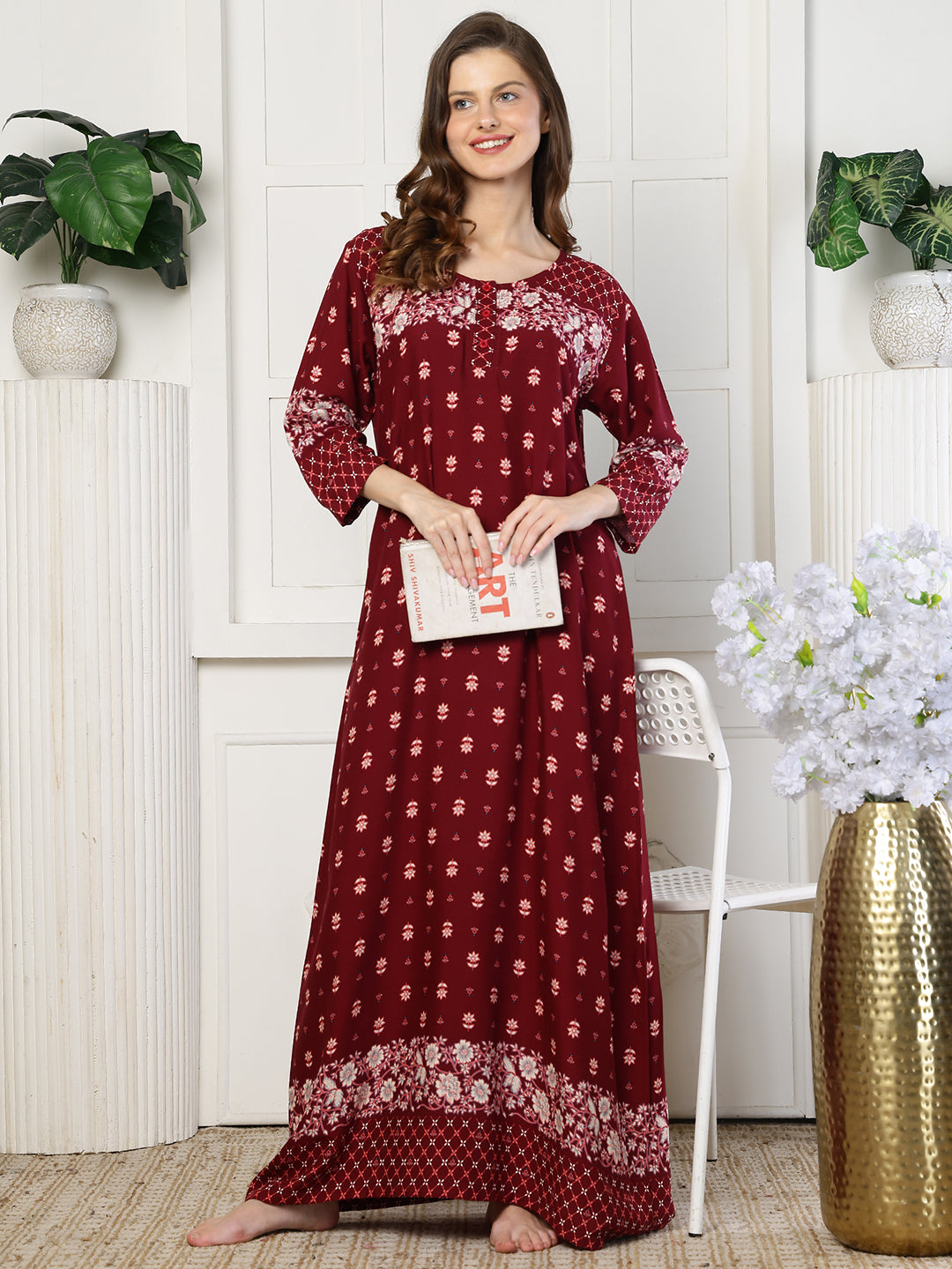 Red Floral Printed Rayon Maxi Nighty for Women | Claura