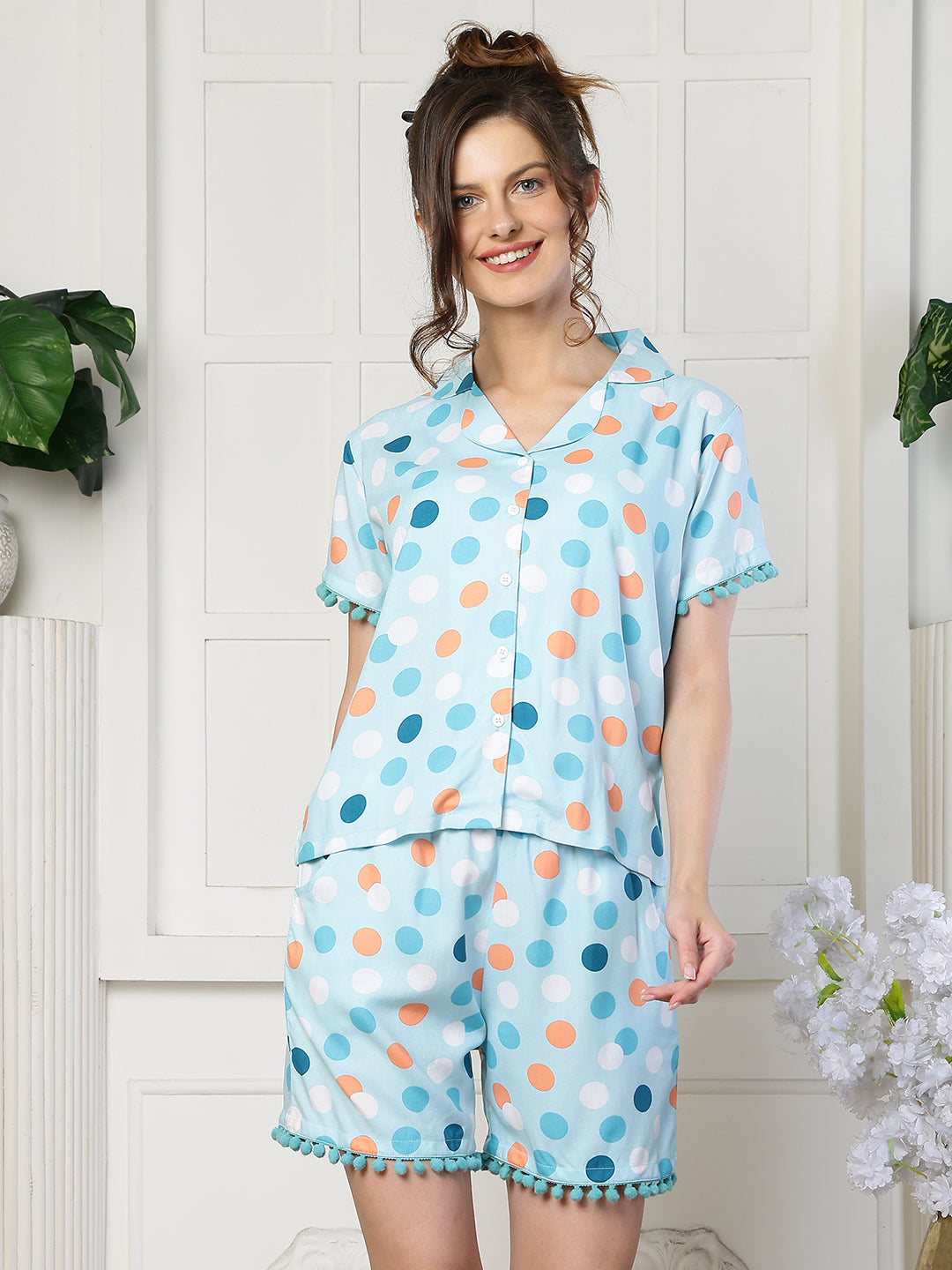 Sky Blue Cotton Polka Dot Printed Night Suit for Women | Claura
