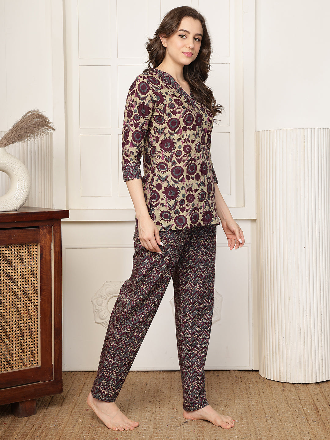 Purple Floral Printed Cotton Night Suit For Women | Claura