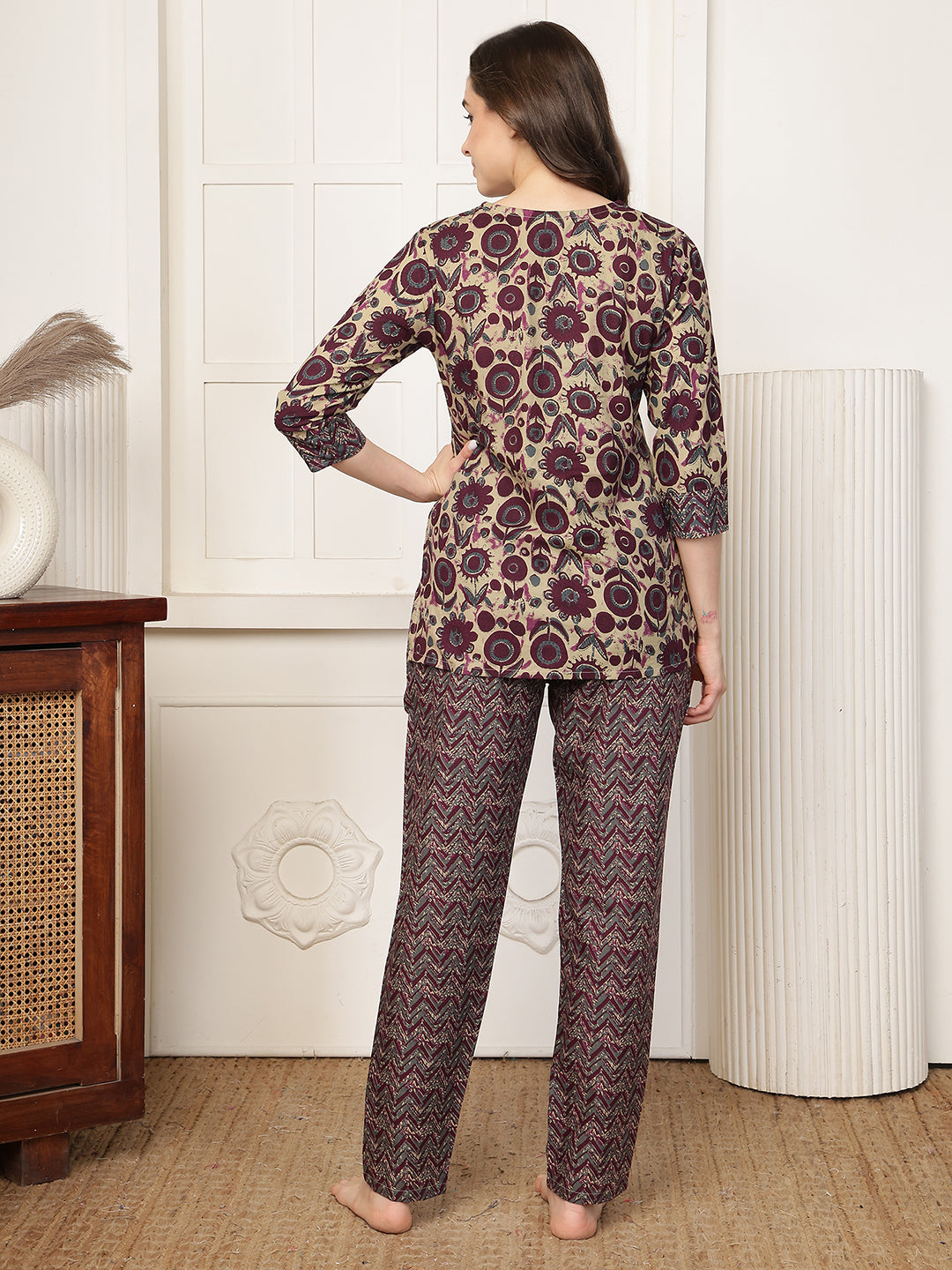 Purple Floral Printed Cotton Night Suit For Women | Claura