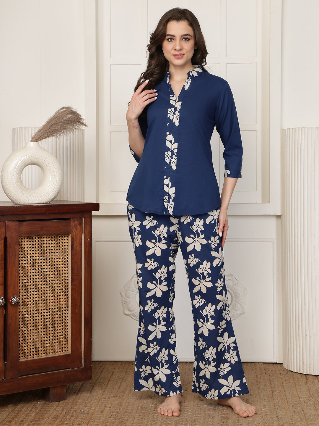 Blue Floral Printed Rayon Night Suit For Women | Claura