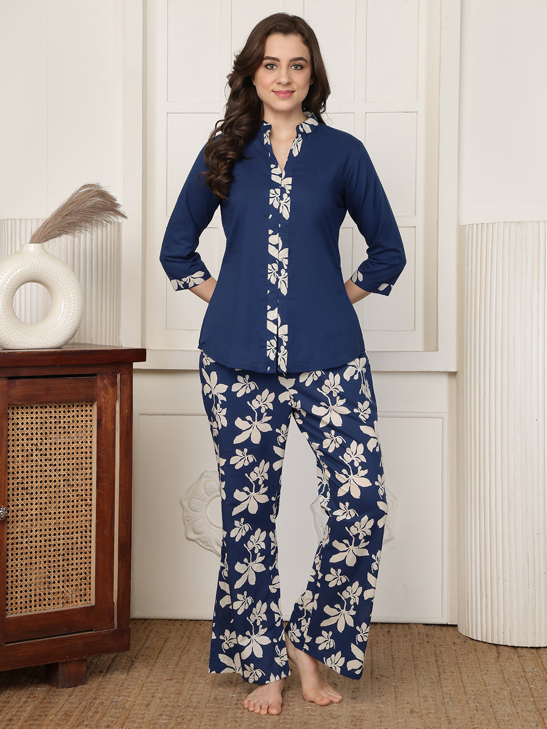 Blue Floral Printed Rayon Night Suit For Women | Claura