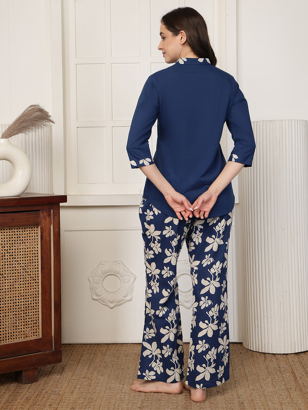 Blue Floral Printed Rayon Night Suit For Women | Claura