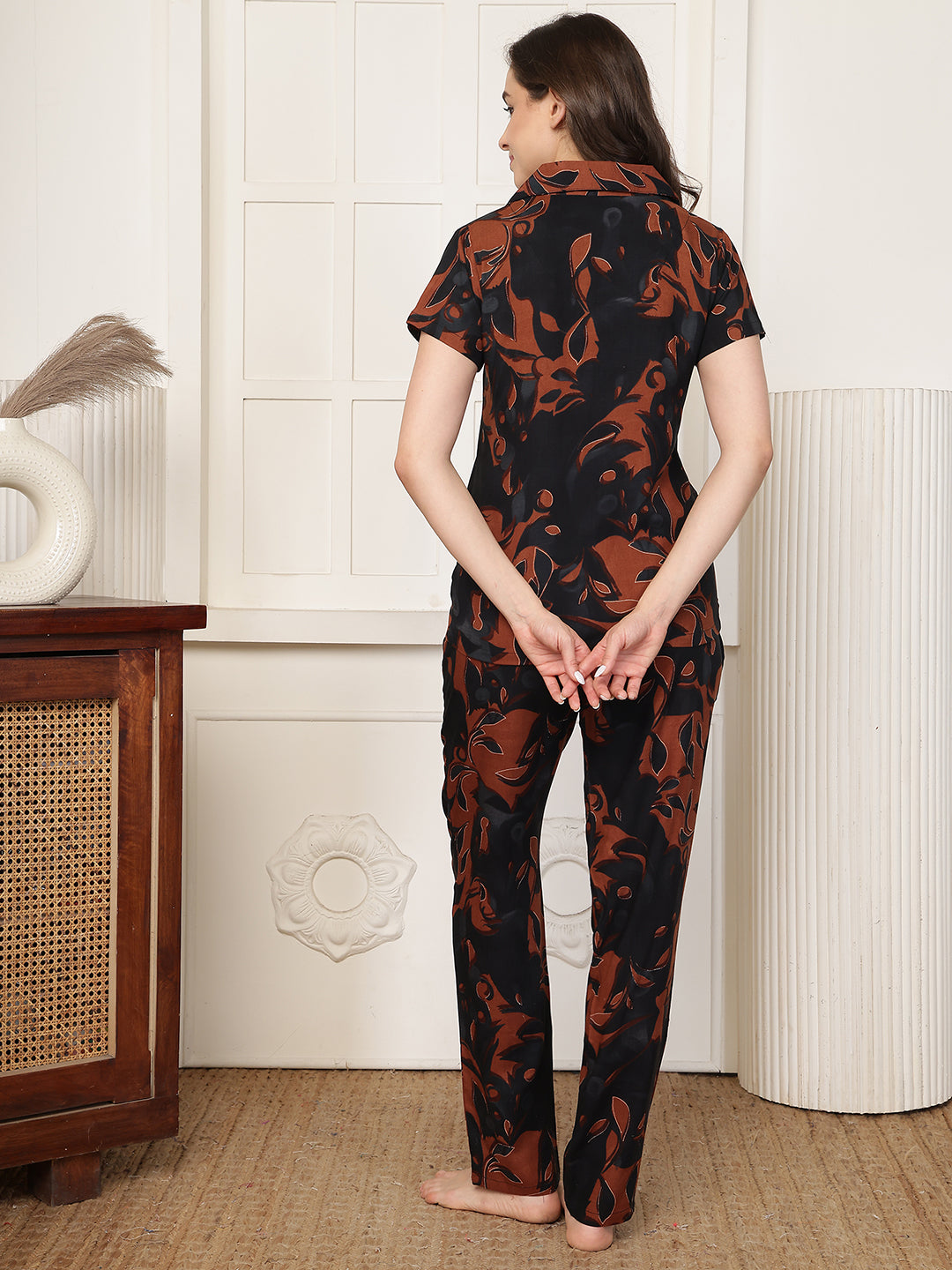 Brown Abstract Printed Cotton Shirt Collar Night Suit | Claura