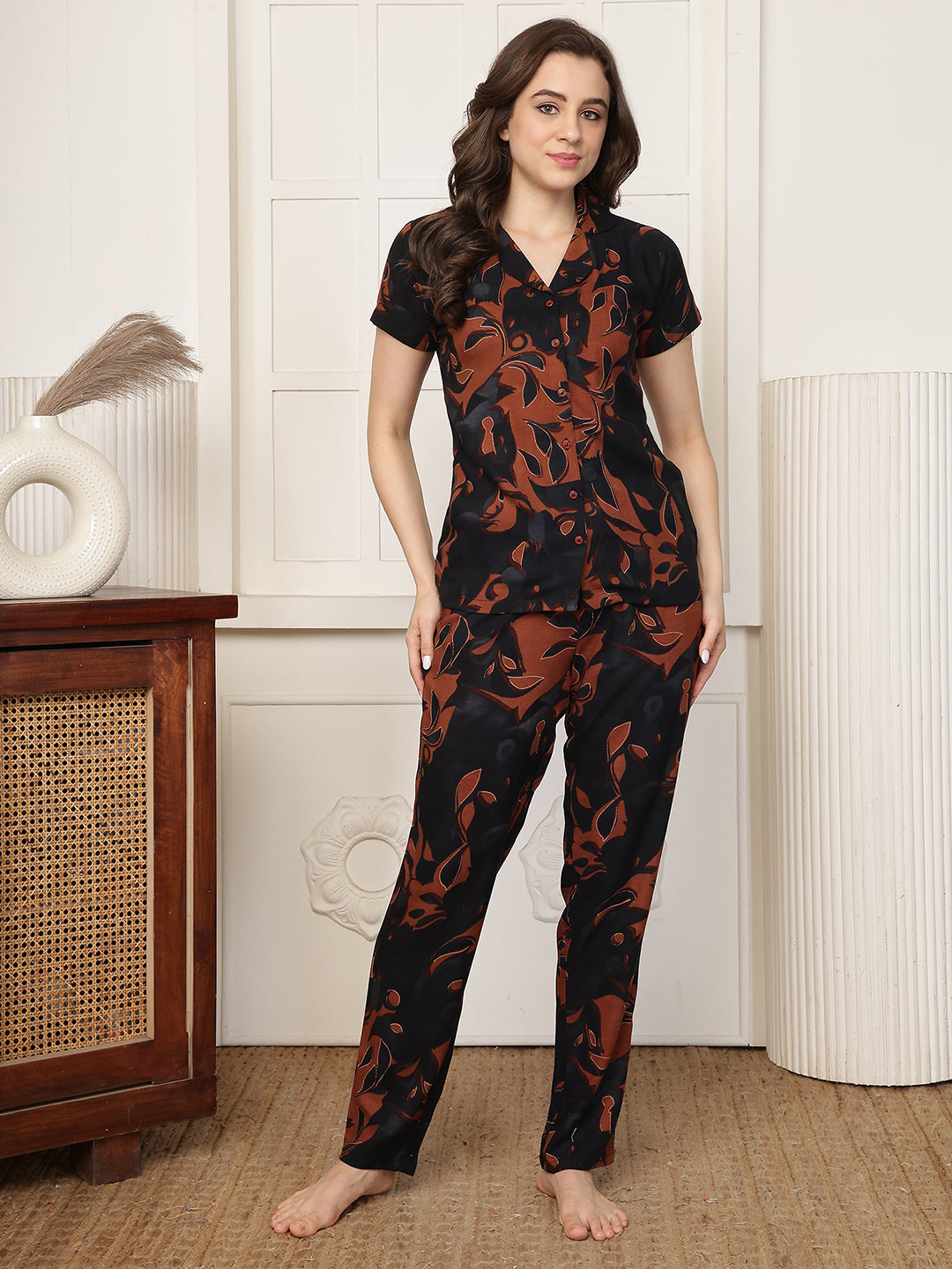 Brown Abstract Printed Cotton Shirt Collar Night Suit | Claura